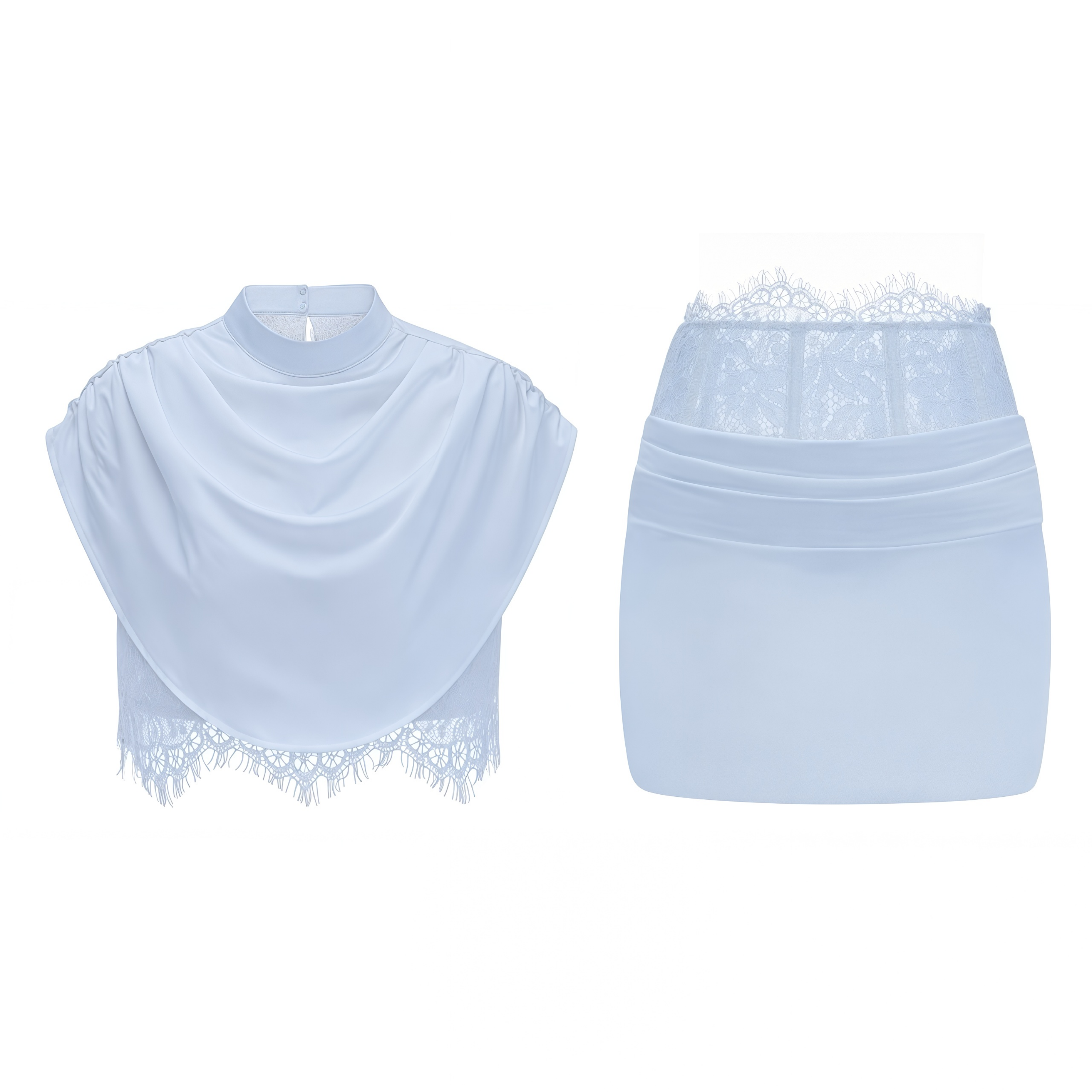 Light blue two-piece set with a cowl crop top and a lace-waist mini skirt