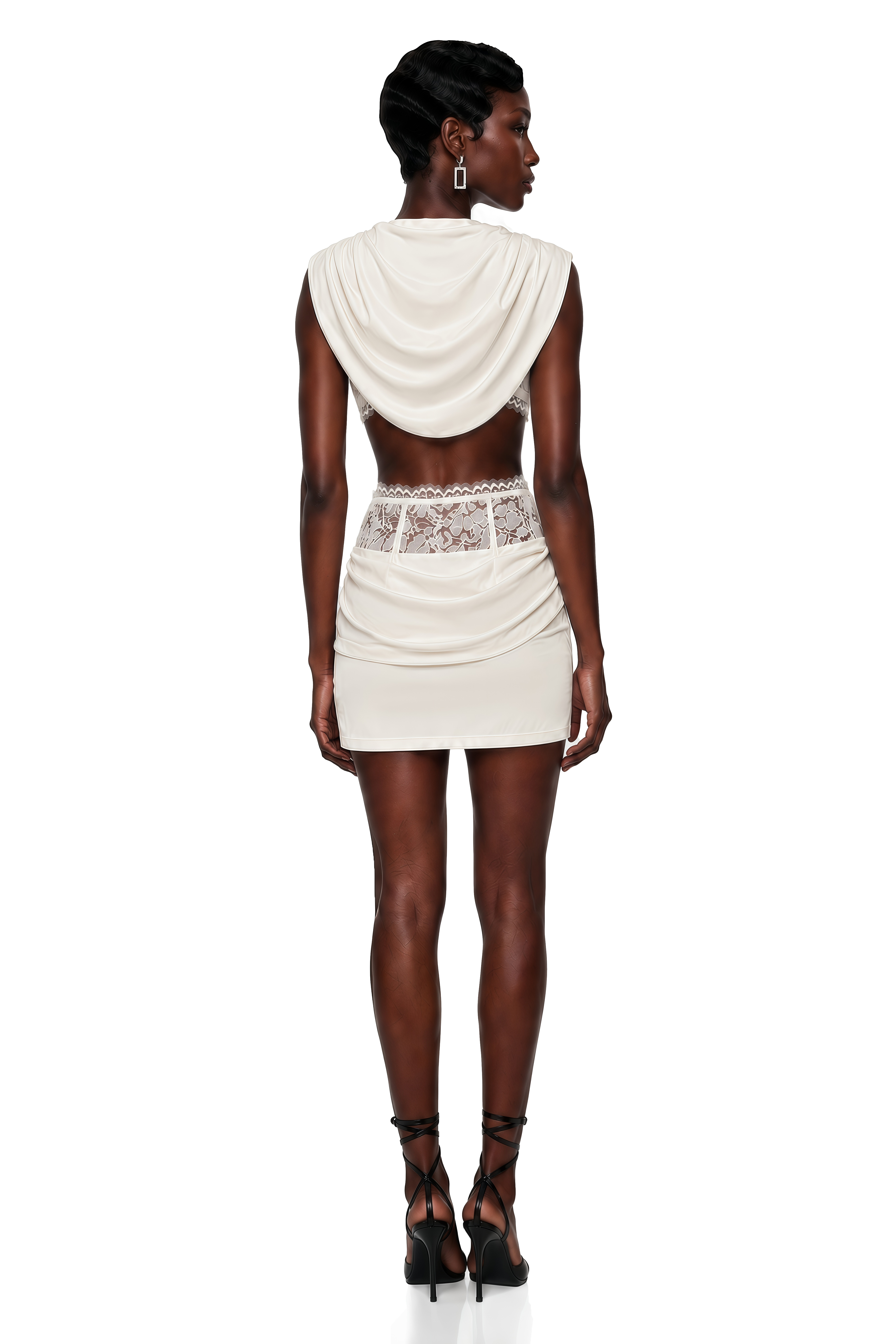 White satin two-piece mini dress with a draped cowl top and lace-corset waistband