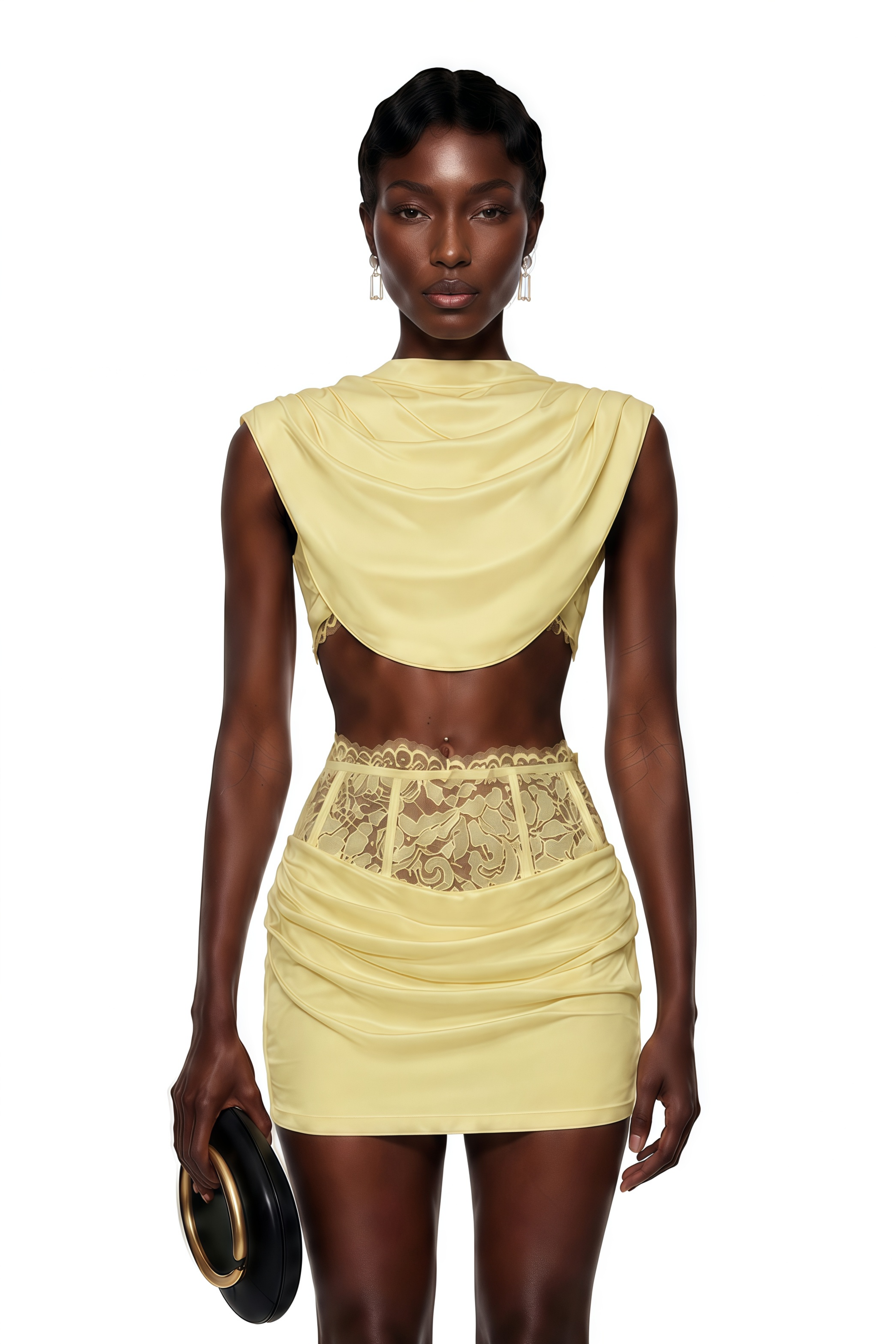 Pale yellow two-piece set with a cowl crop top and a lace-waist mini skirt