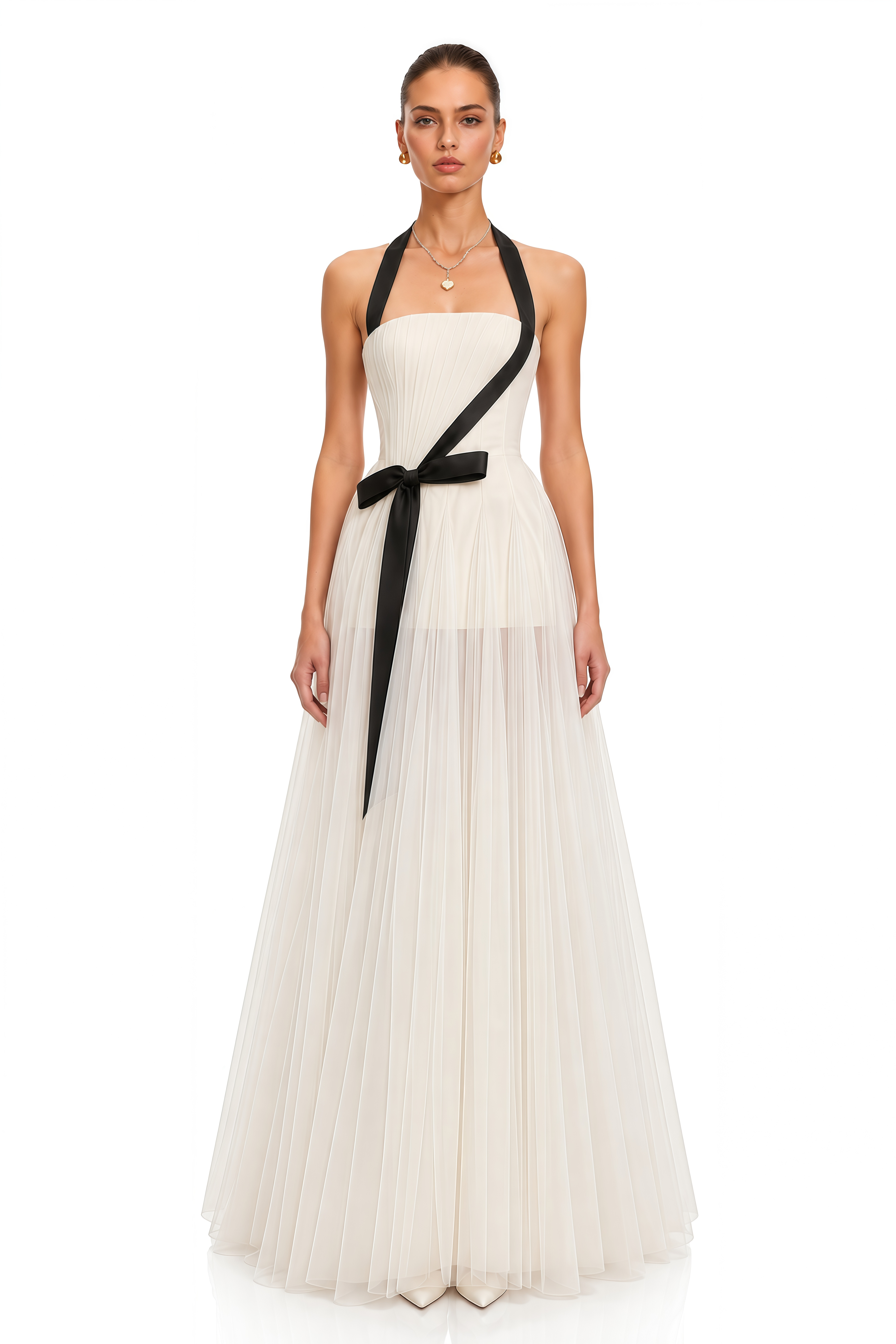 Solenne Ivory Color Block Bow Pleated Maxi Dress