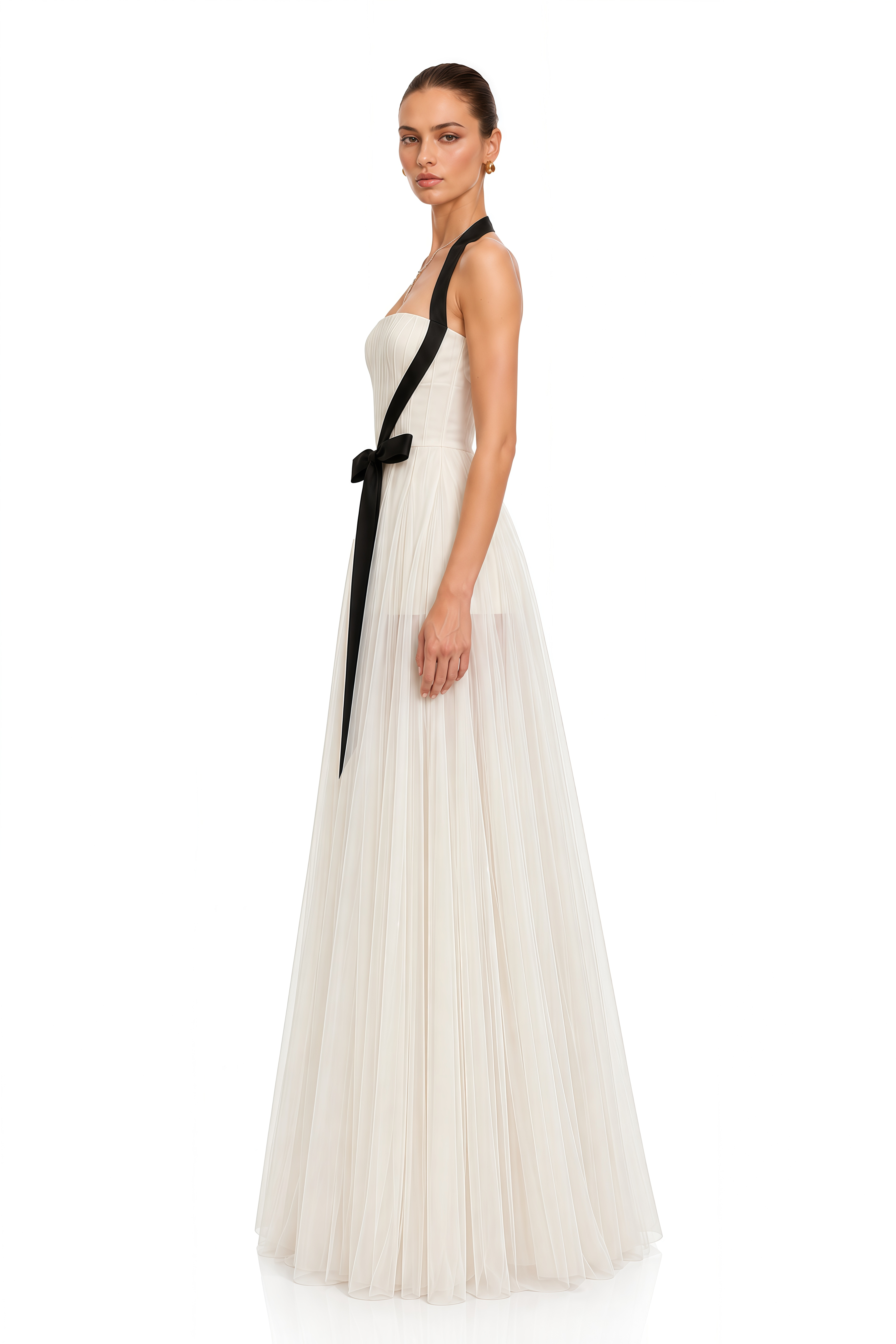 Solenne Ivory Color Block Bow Pleated Maxi Dress