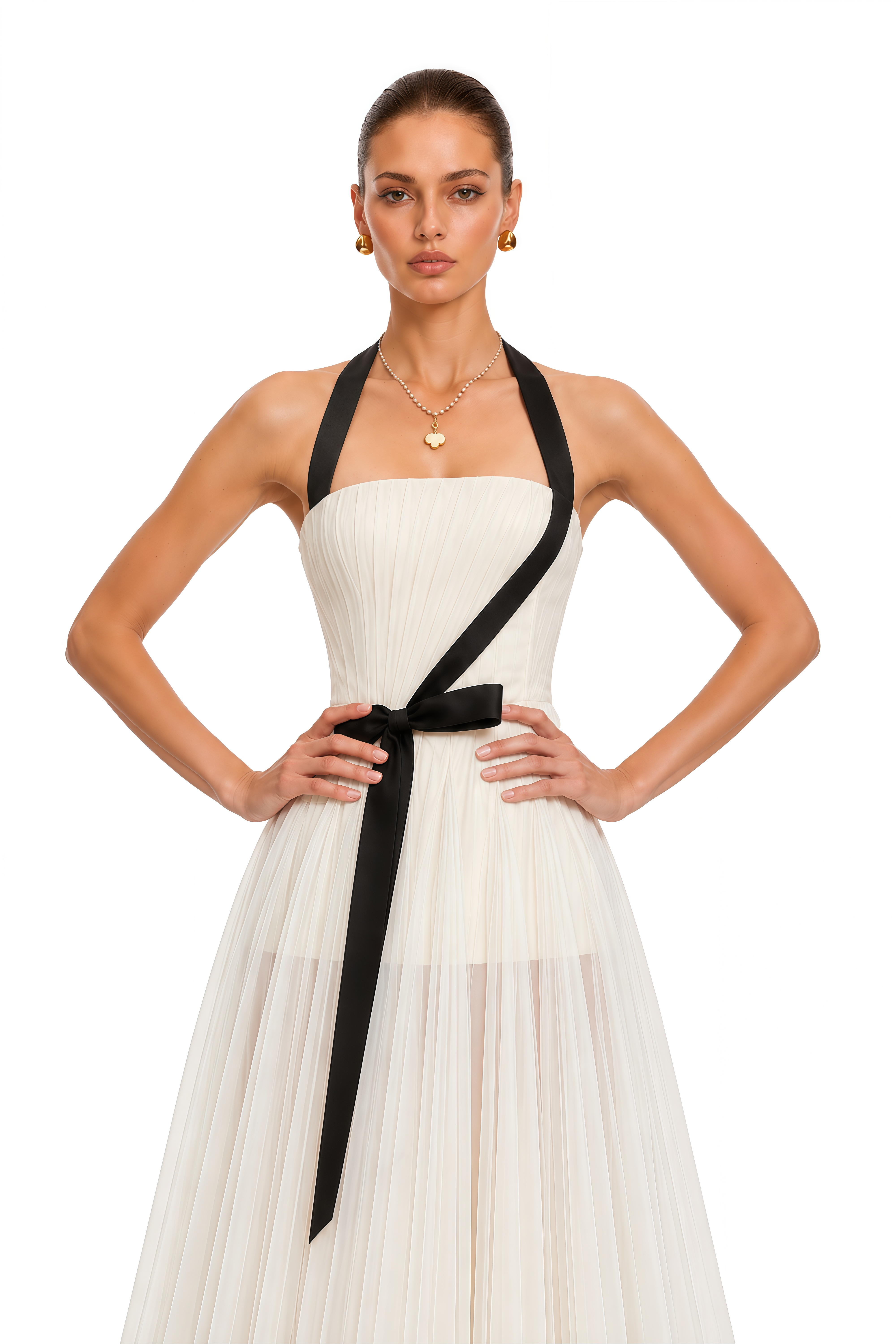Solenne Ivory Color Block Bow Pleated Maxi Dress
