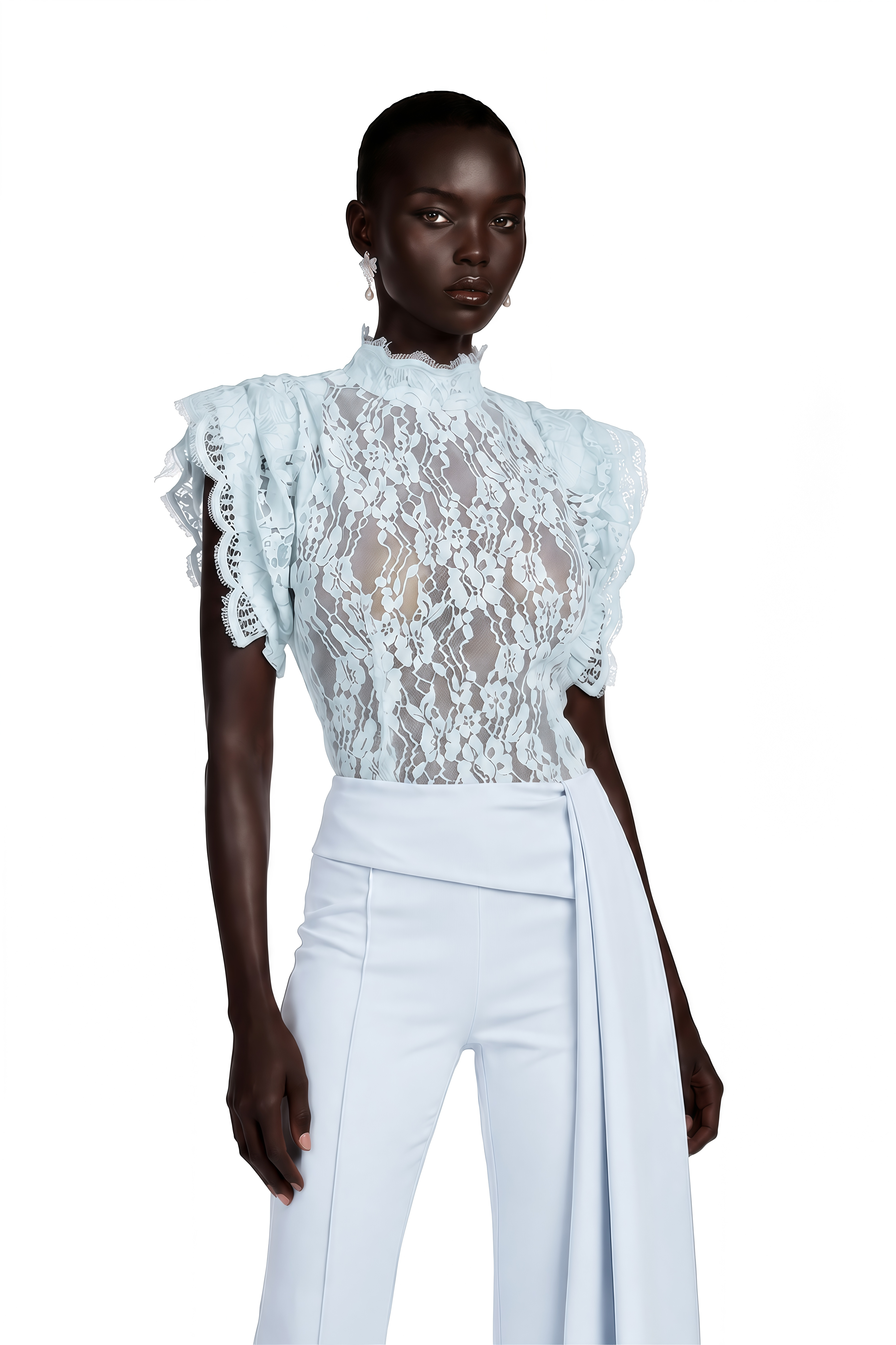 Soline Blue Turtleneck Lace Top & Draped Trousers Set