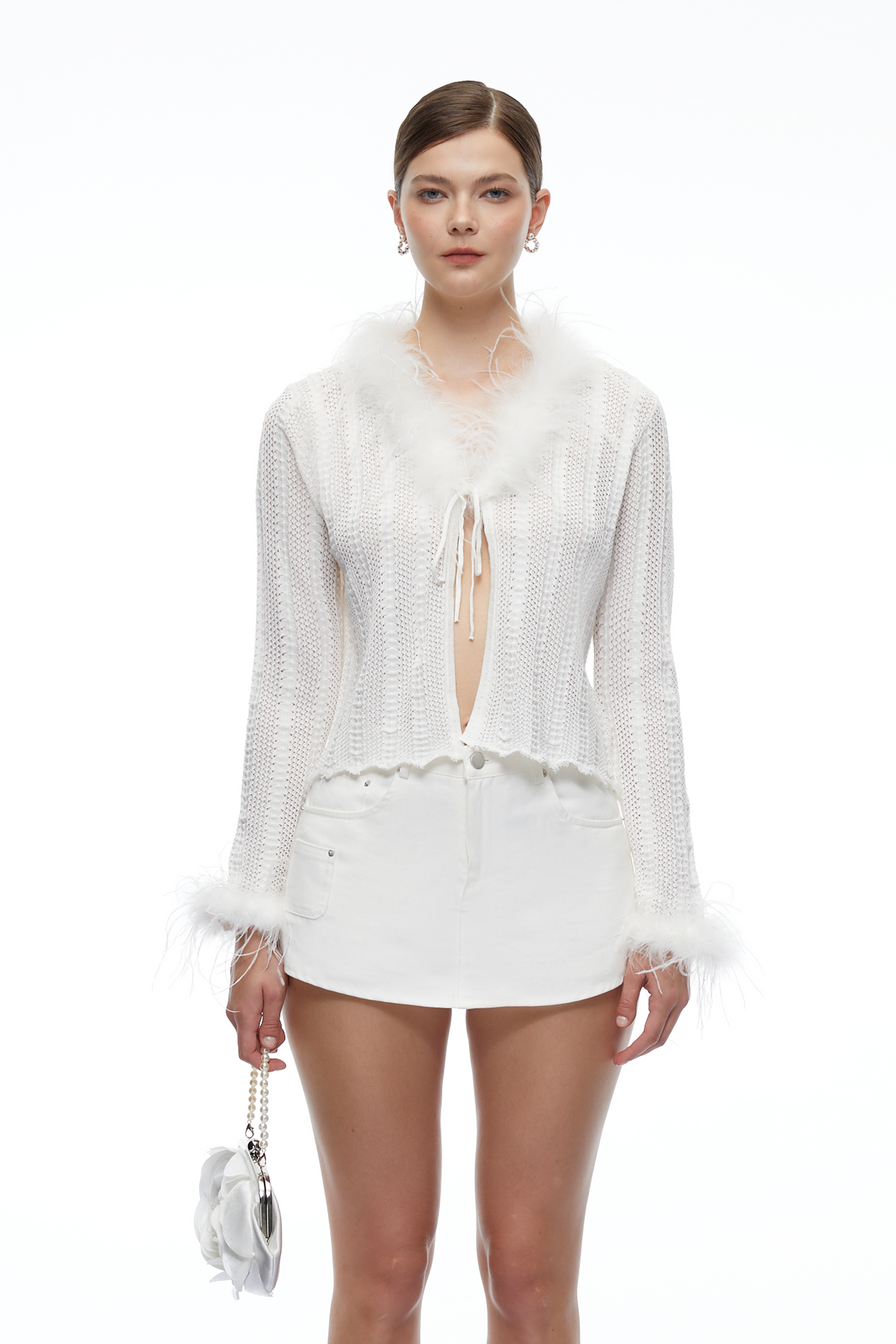 Soline White Feather Trim Long Sleeve Top