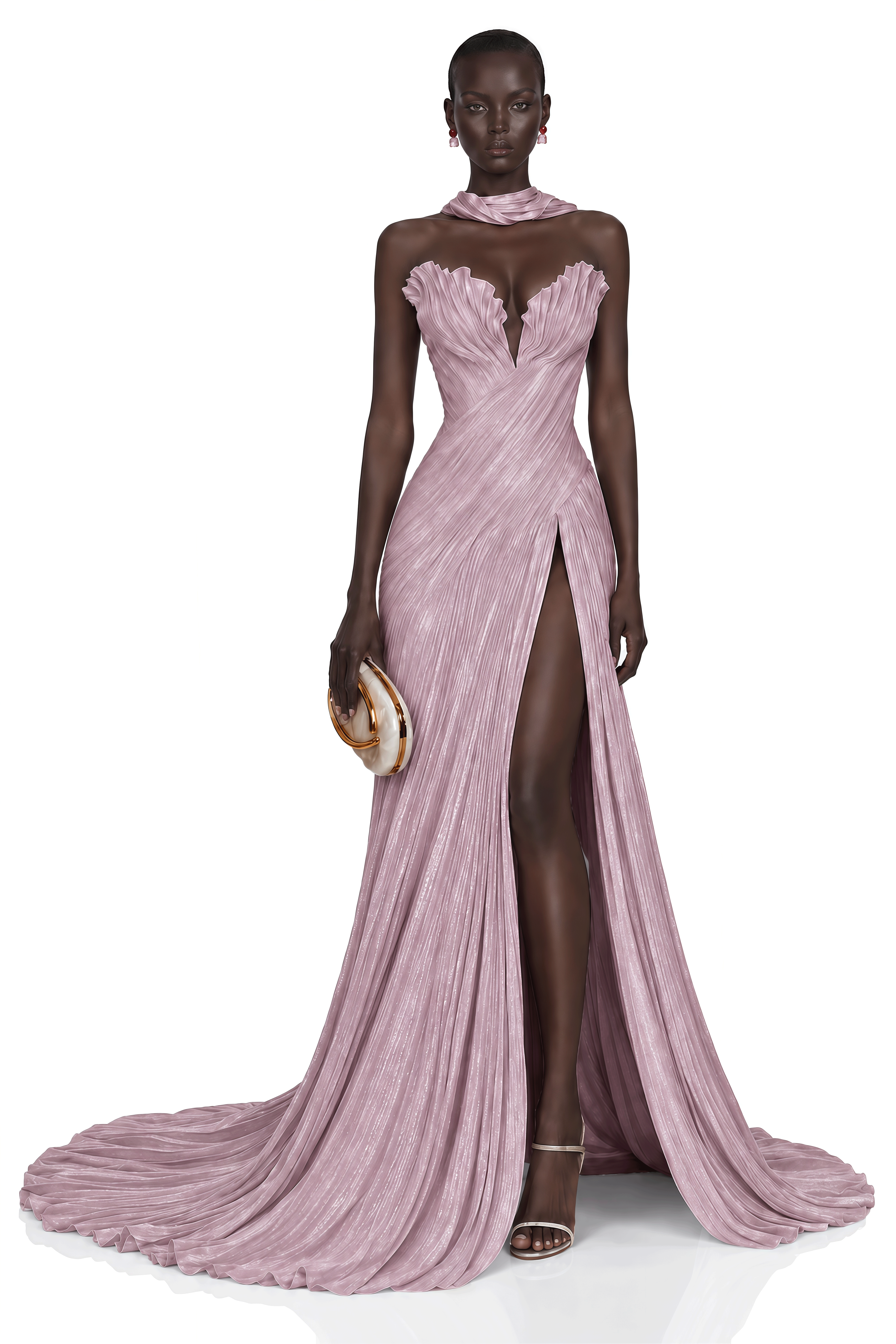 Solveig Dusty Pink Off Shoulder Pleated Maxi Dress with Hign Slit