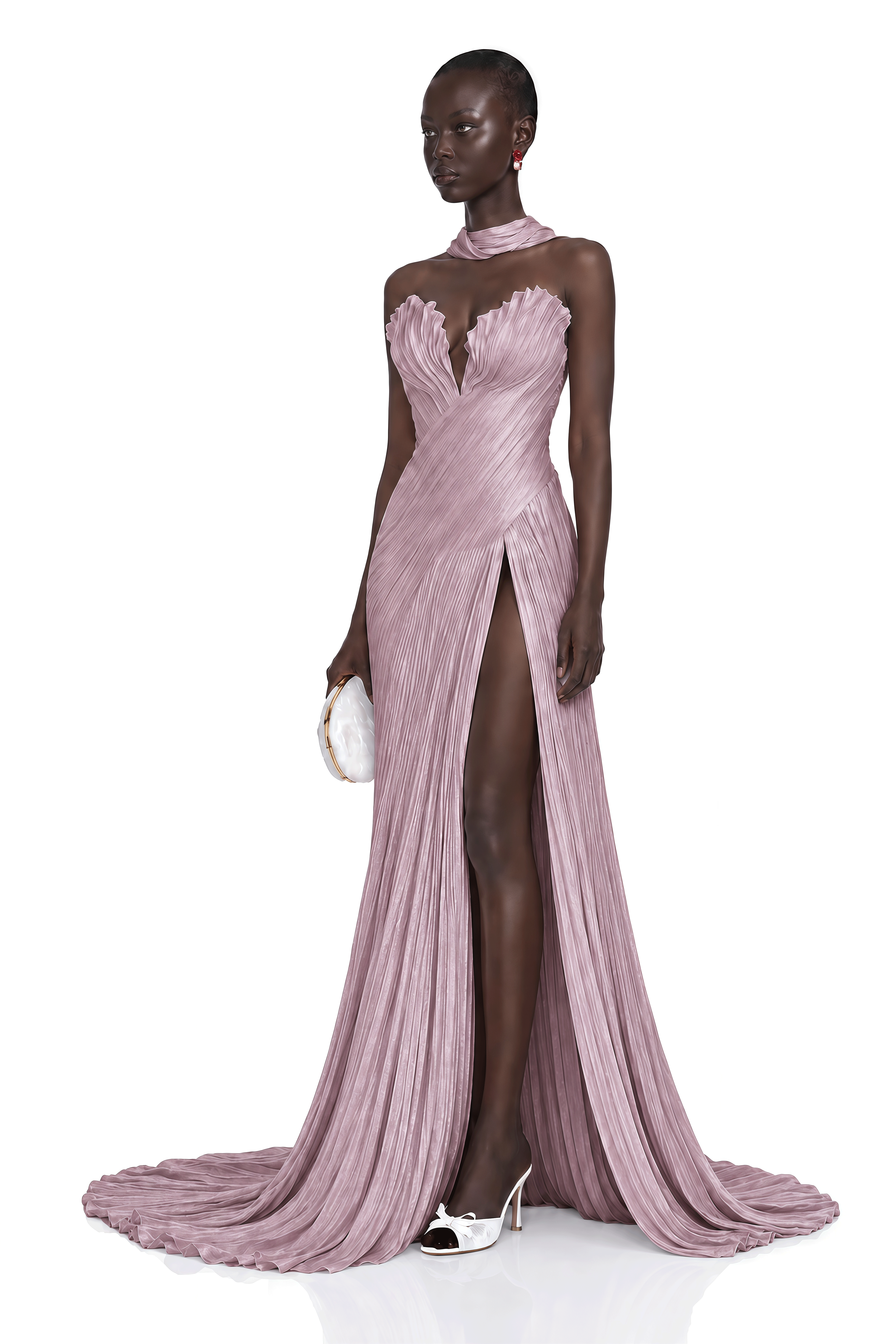 Solveig Dusty Pink Off Shoulder Pleated Maxi Dress with Hign Slit