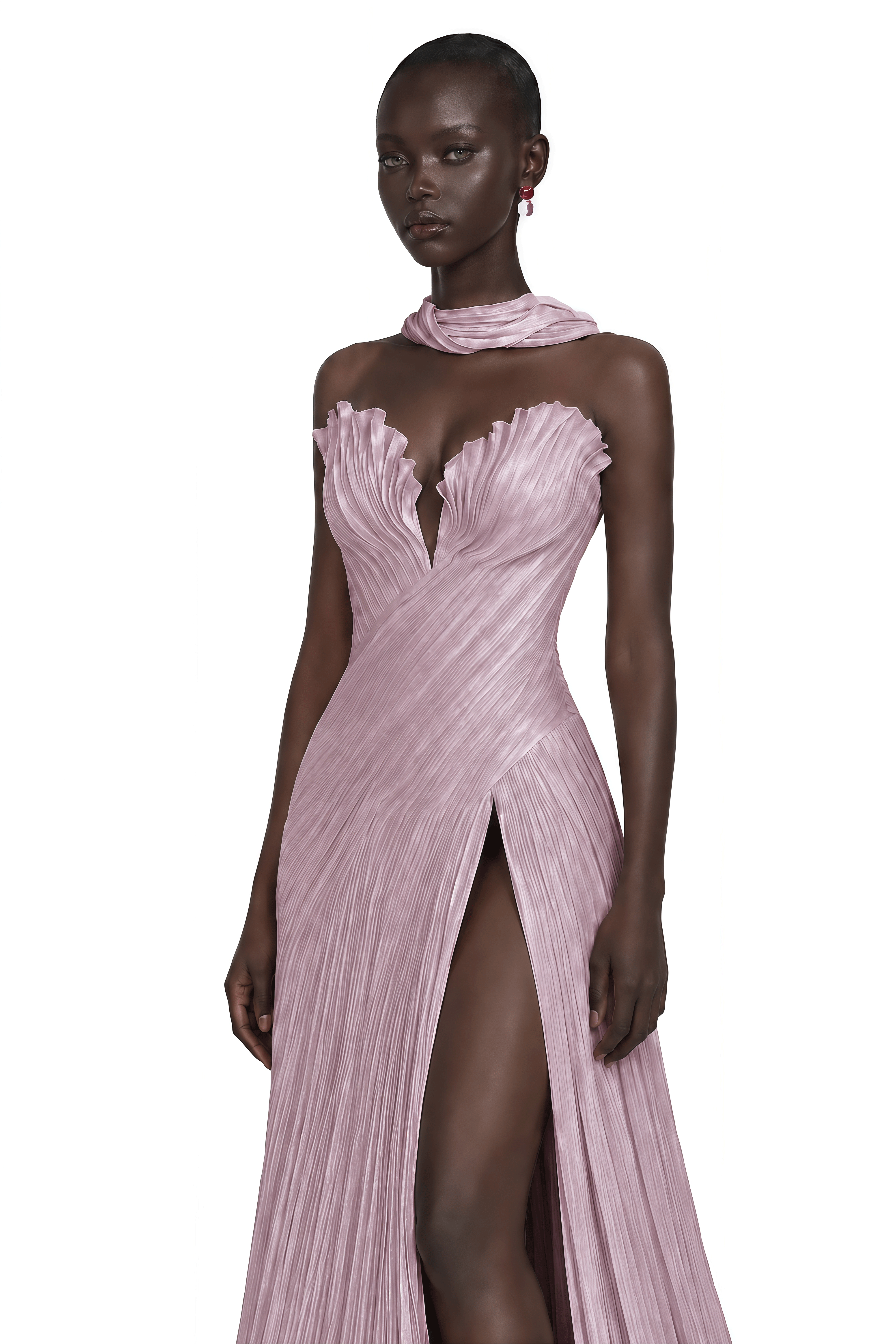 Solveig Dusty Pink Off Shoulder Pleated Maxi Dress with Hign Slit