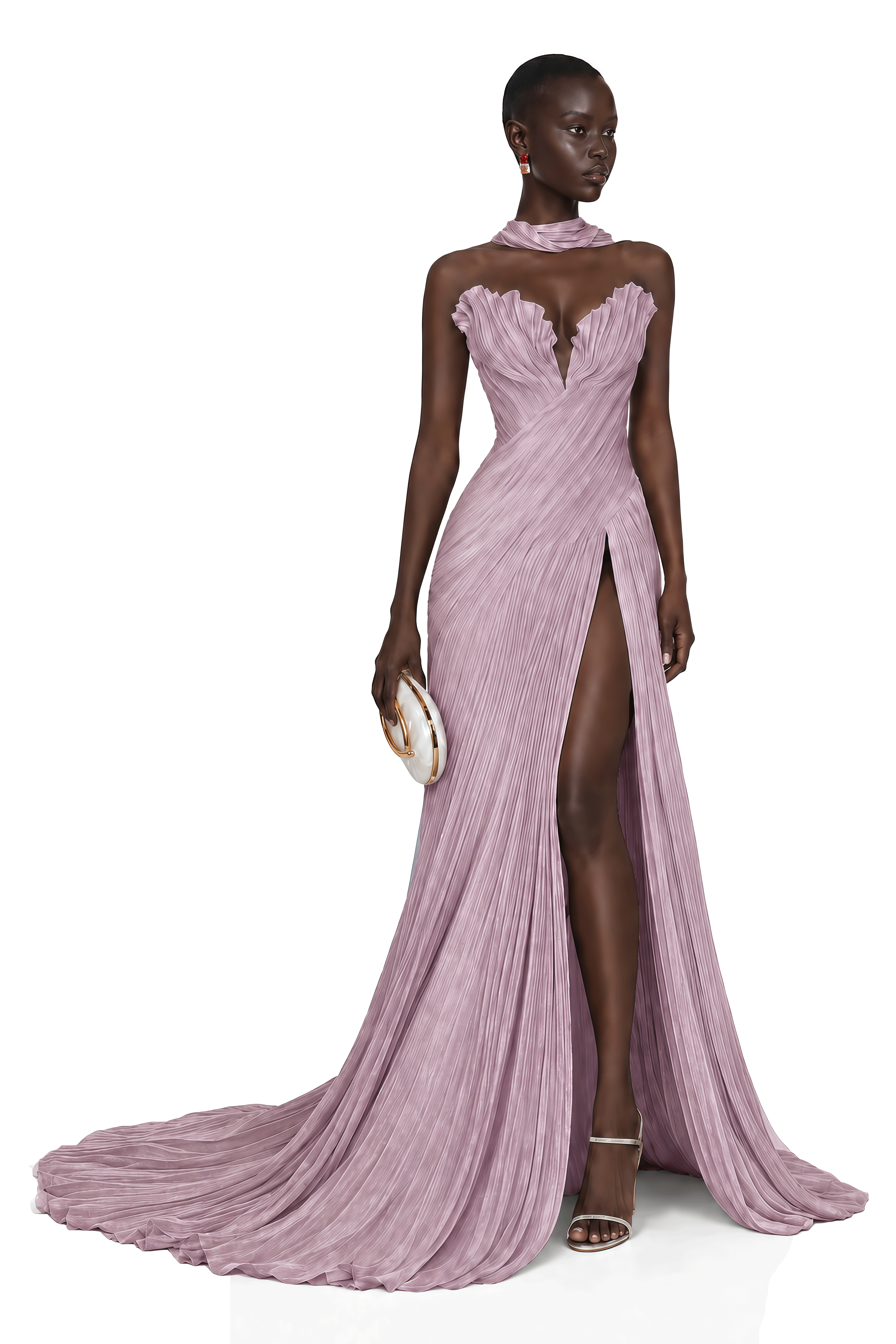 Solveig Dusty Pink Off Shoulder Pleated Maxi Dress with Hign Slit