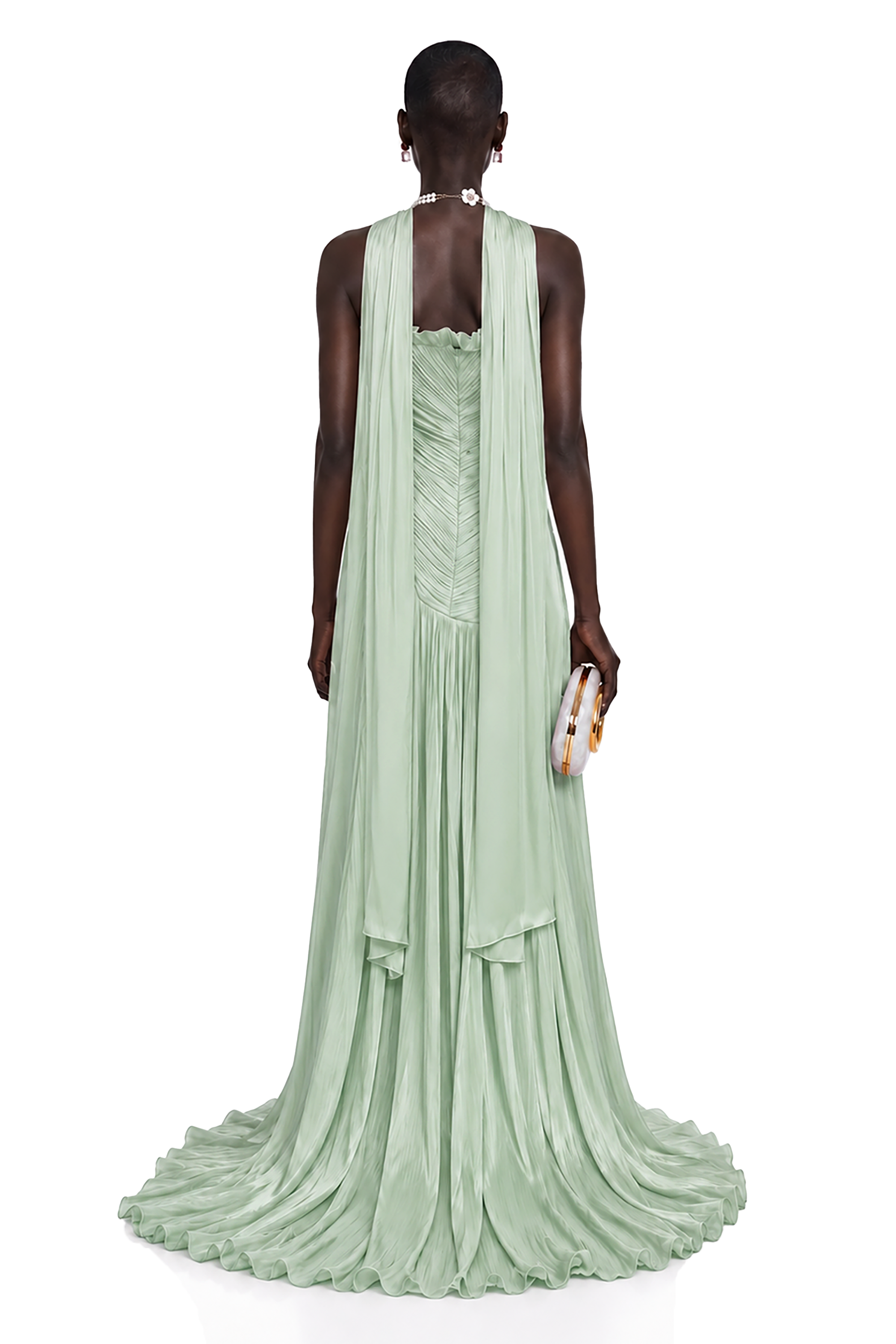 Mint green strapless maxi dress with a pleated bodice and high-slit skirt