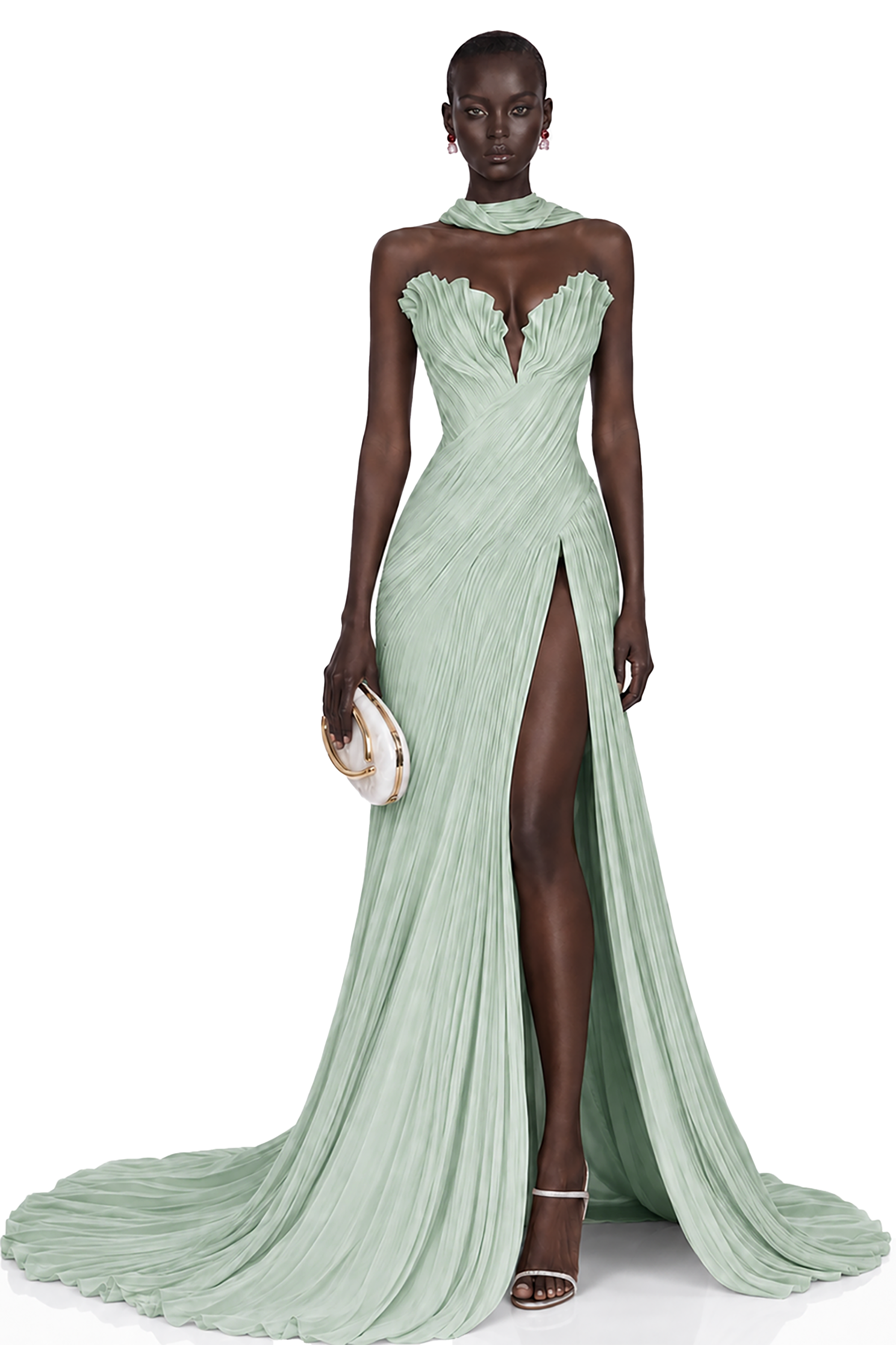 Mint green strapless maxi dress with a pleated bodice and high-slit skirt