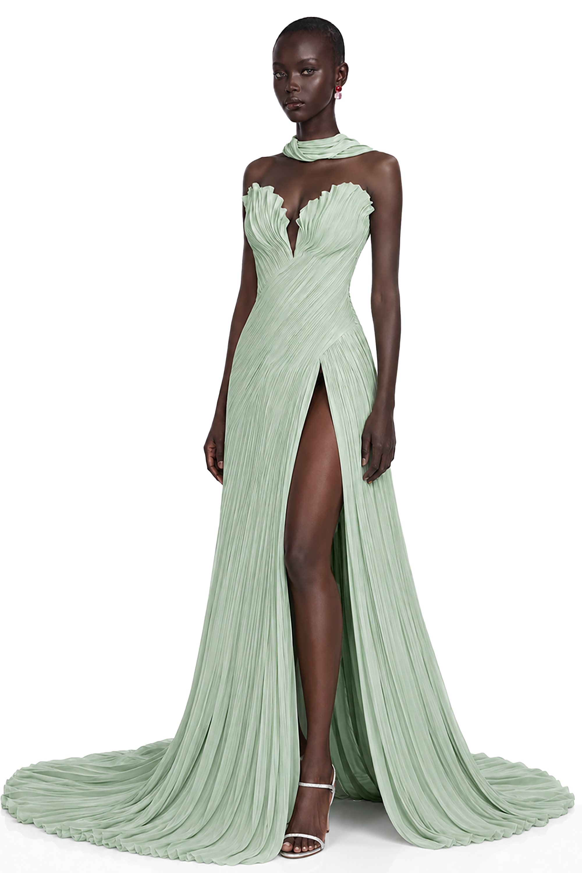Mint green strapless maxi dress with a pleated bodice and high-slit skirt