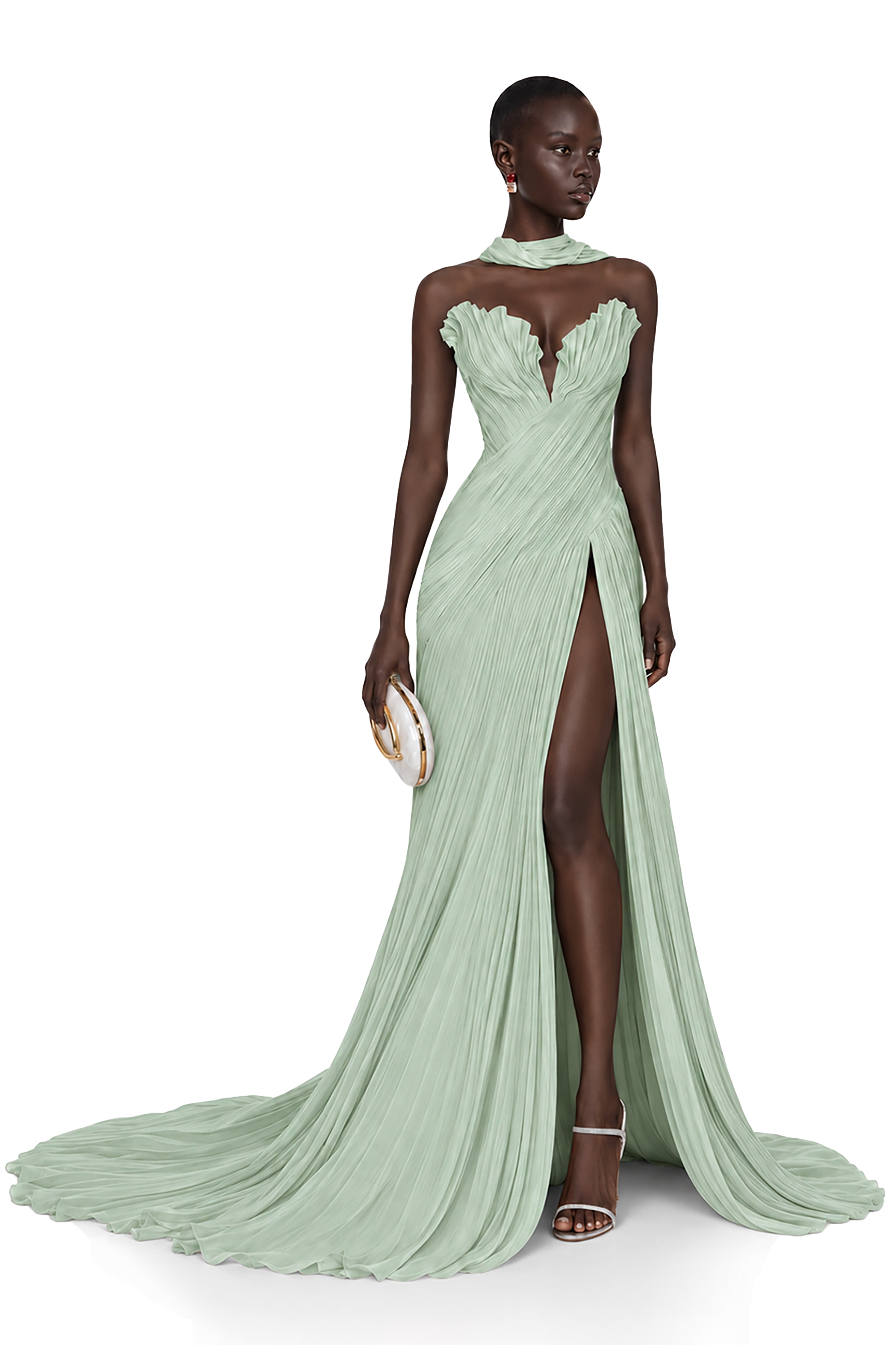 Mint green strapless maxi dress with a pleated bodice and high-slit skirt