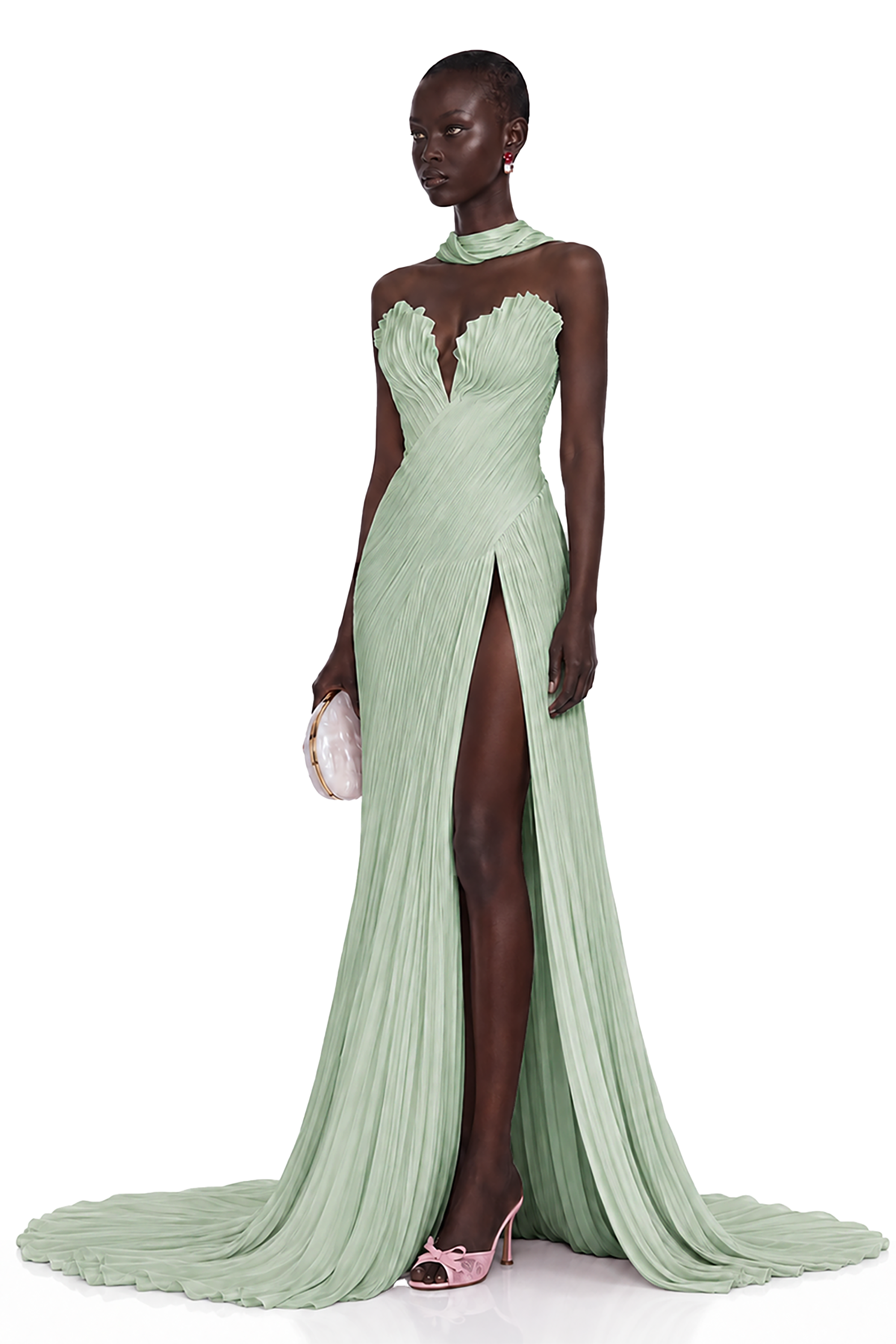Mint green strapless maxi dress with a pleated bodice and high-slit skirt