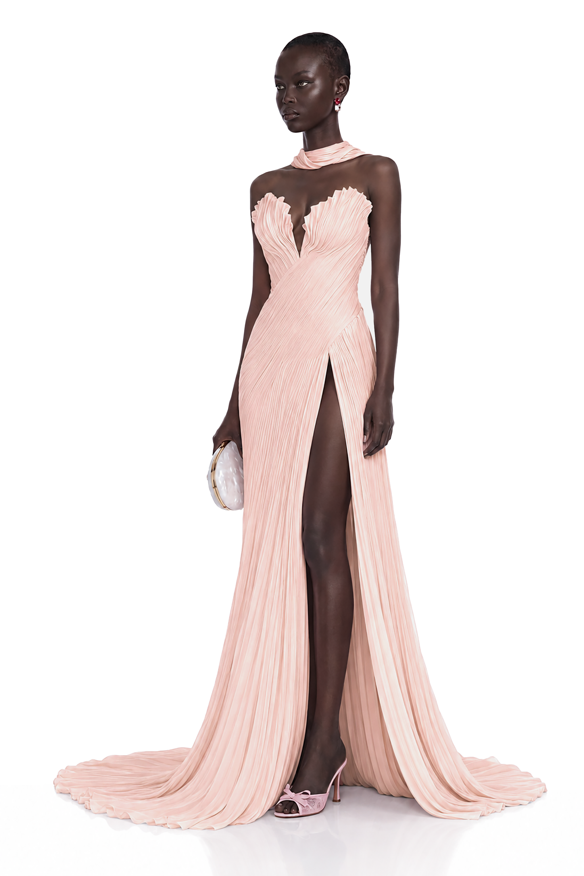 Light pink strapless maxi dress with a pleated bodice and high-slit skirt