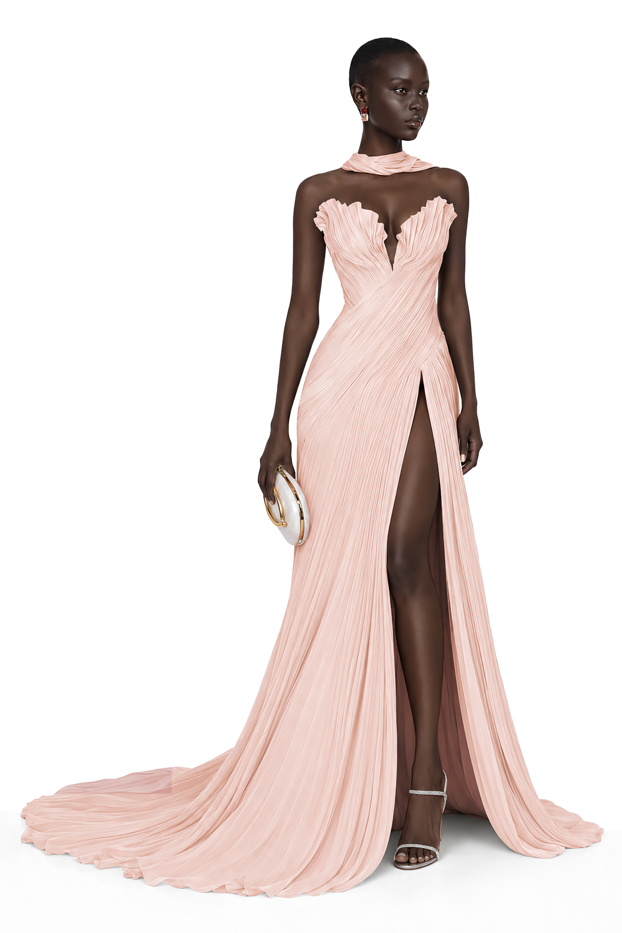 Light pink strapless maxi dress with a pleated bodice and high-slit skirt