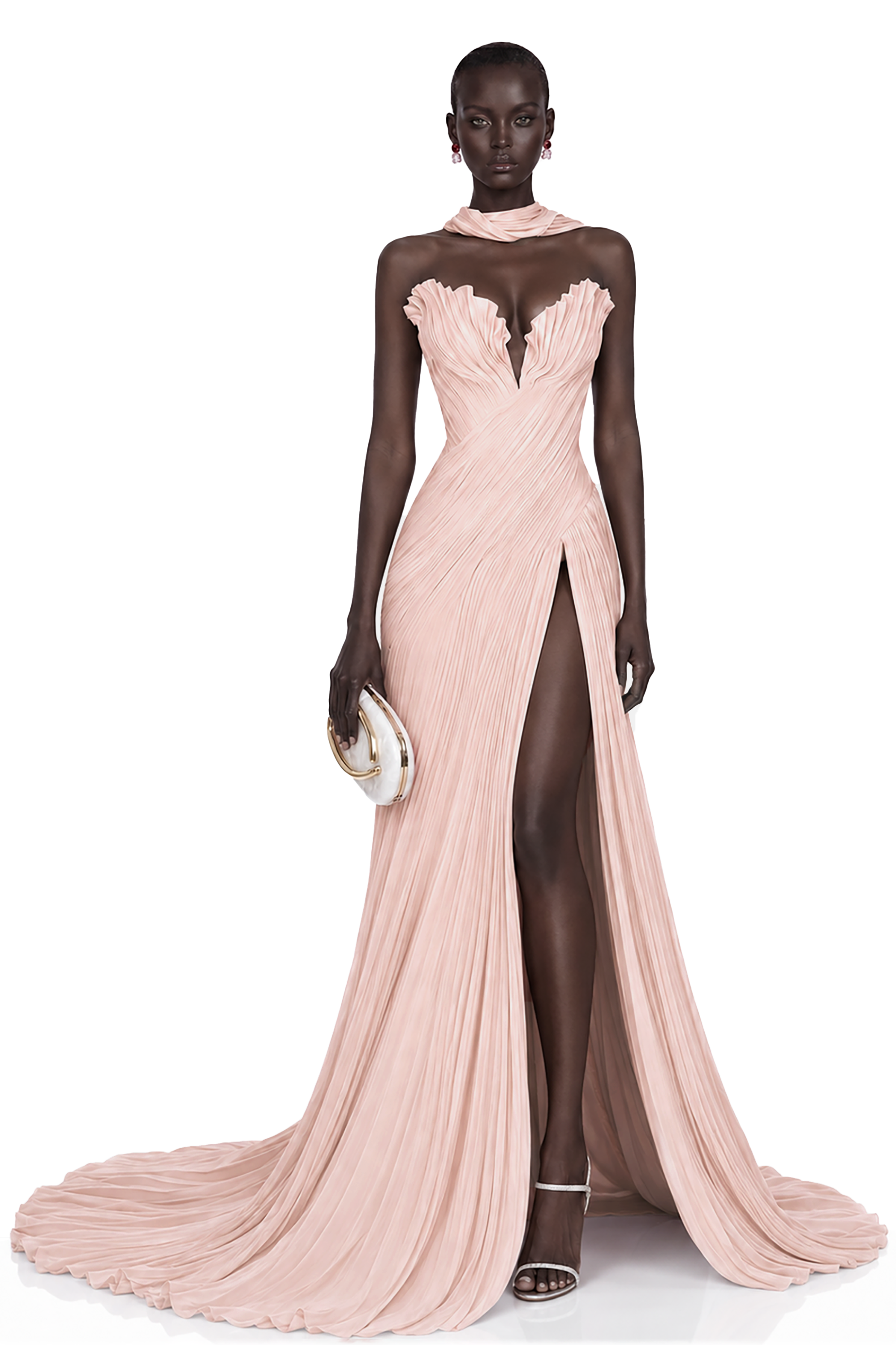 Light pink strapless maxi dress with a pleated bodice and high-slit skirt