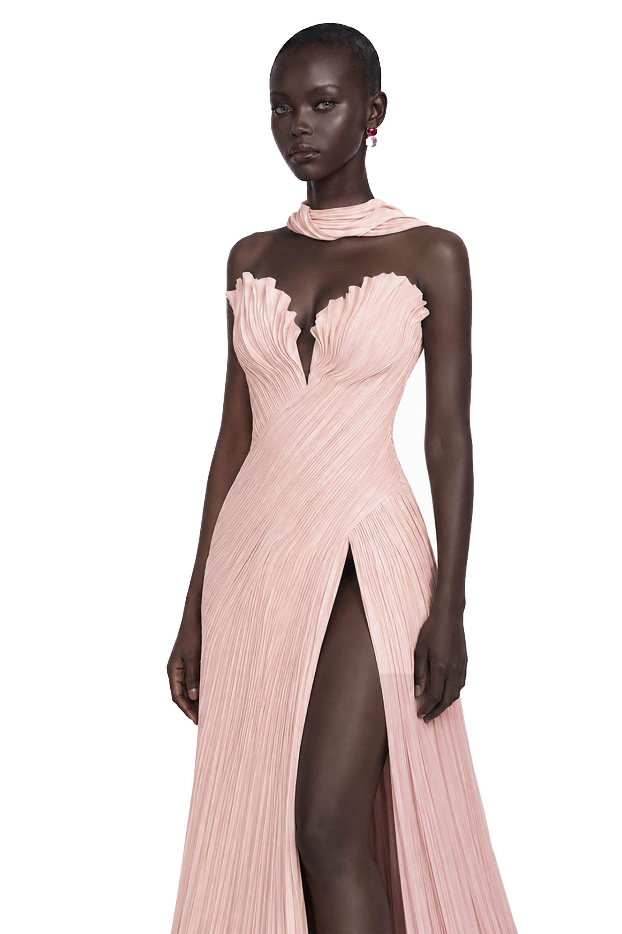 Light pink strapless maxi dress with a pleated bodice and high-slit skirt