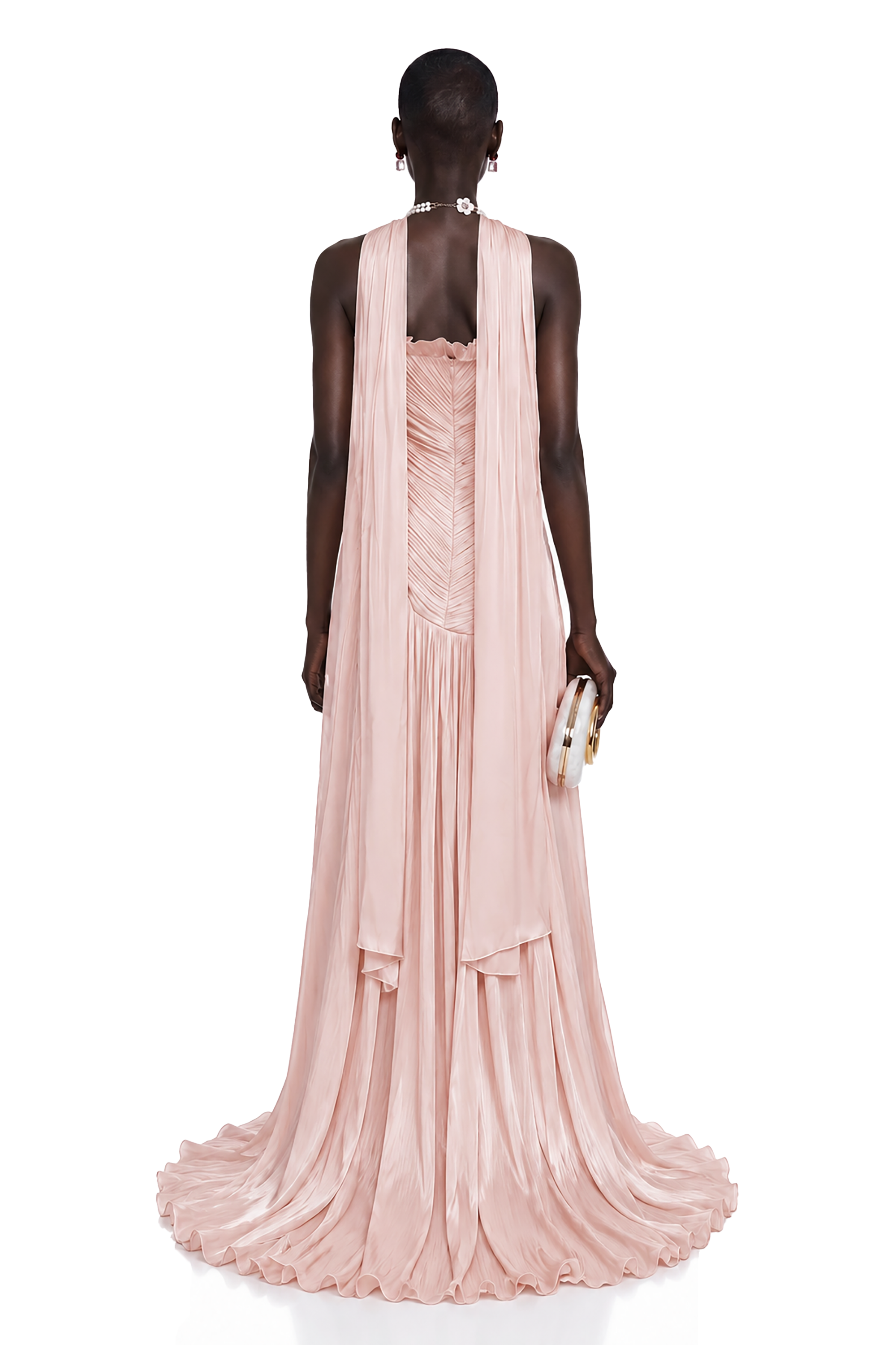 Light pink strapless maxi dress with a pleated bodice and high-slit skirt