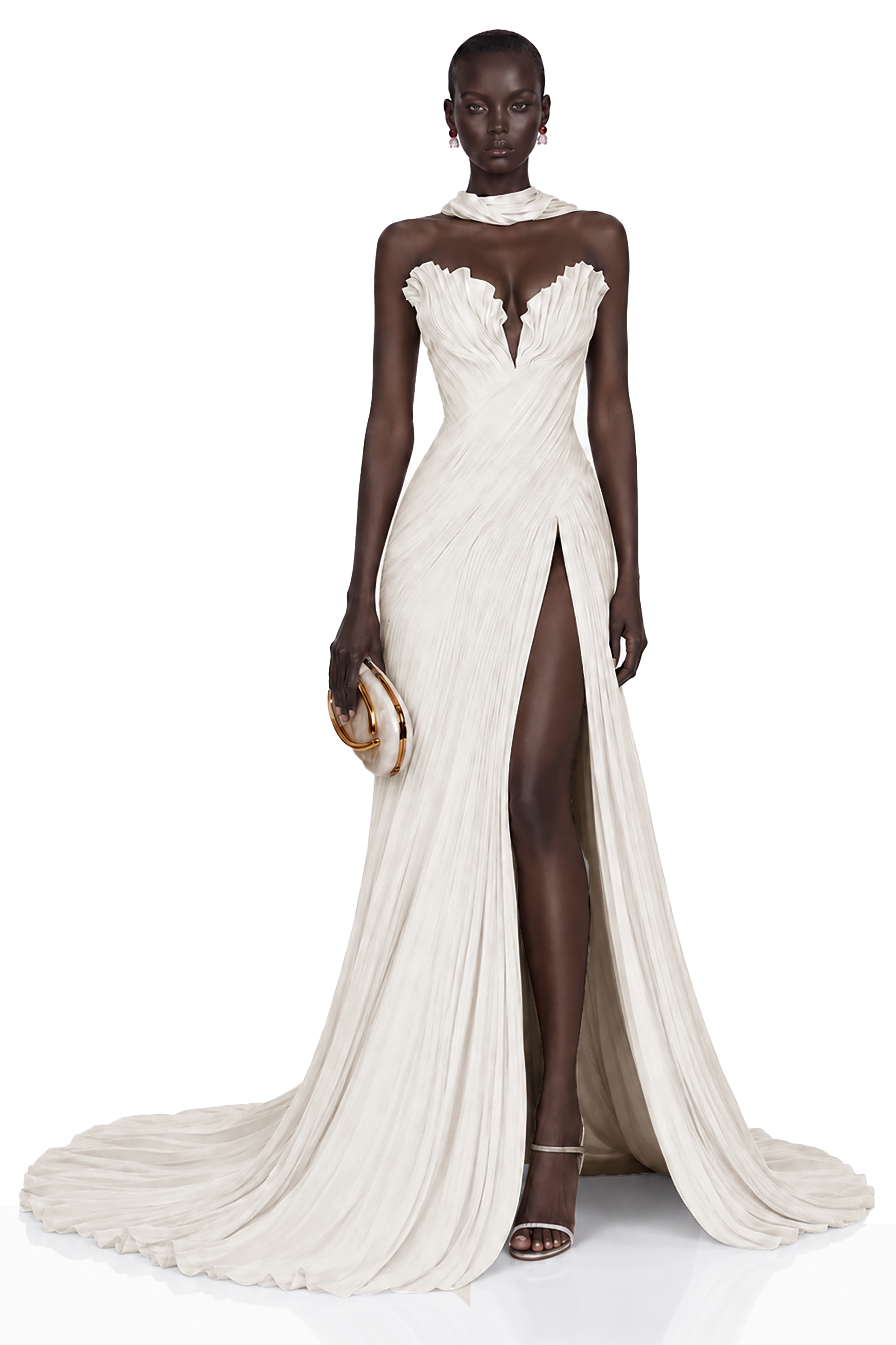 Cream strapless maxi dress with a pleated bodice and high-slit skirt