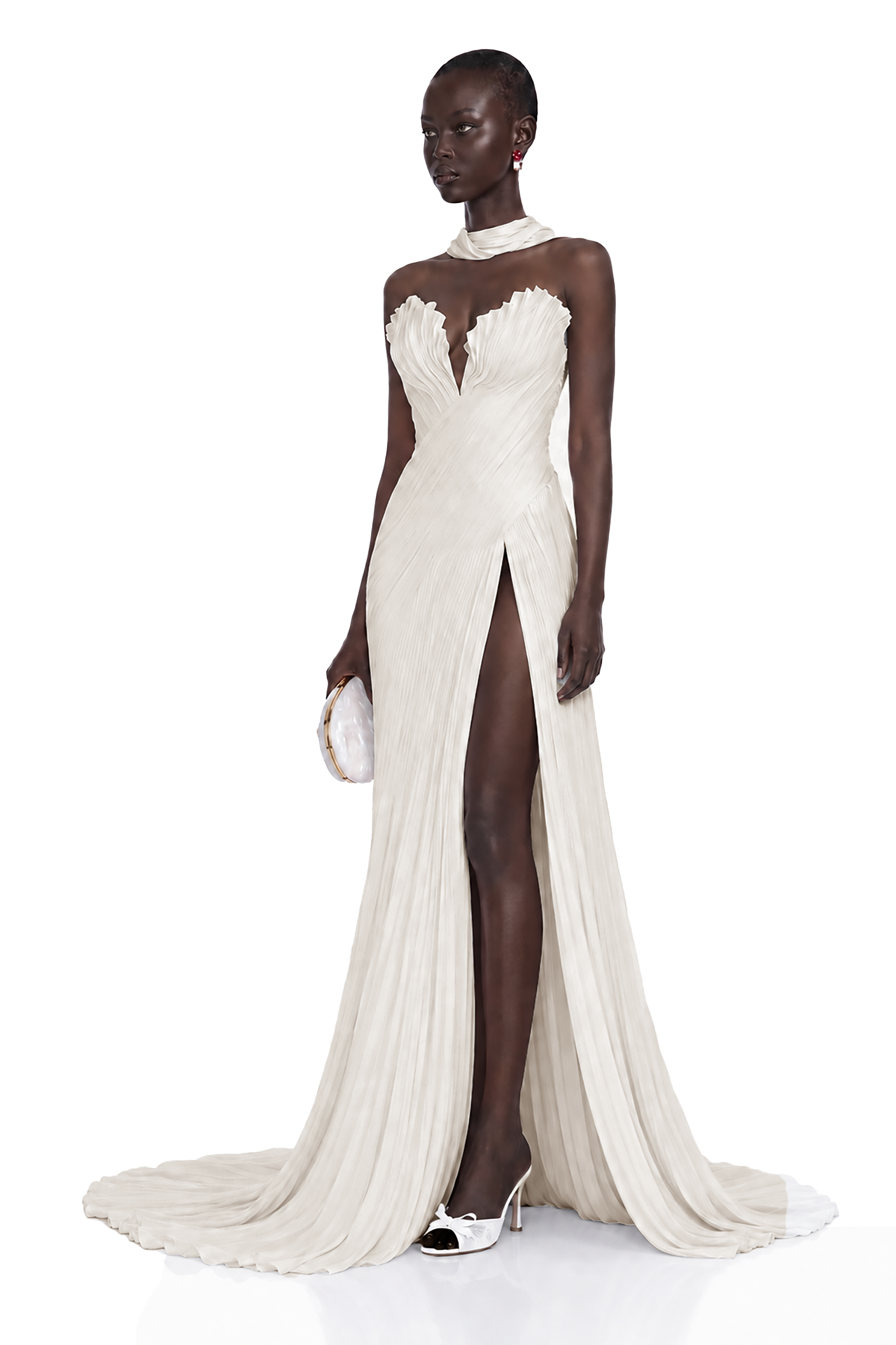 Cream strapless maxi dress with a pleated bodice and high-slit skirt