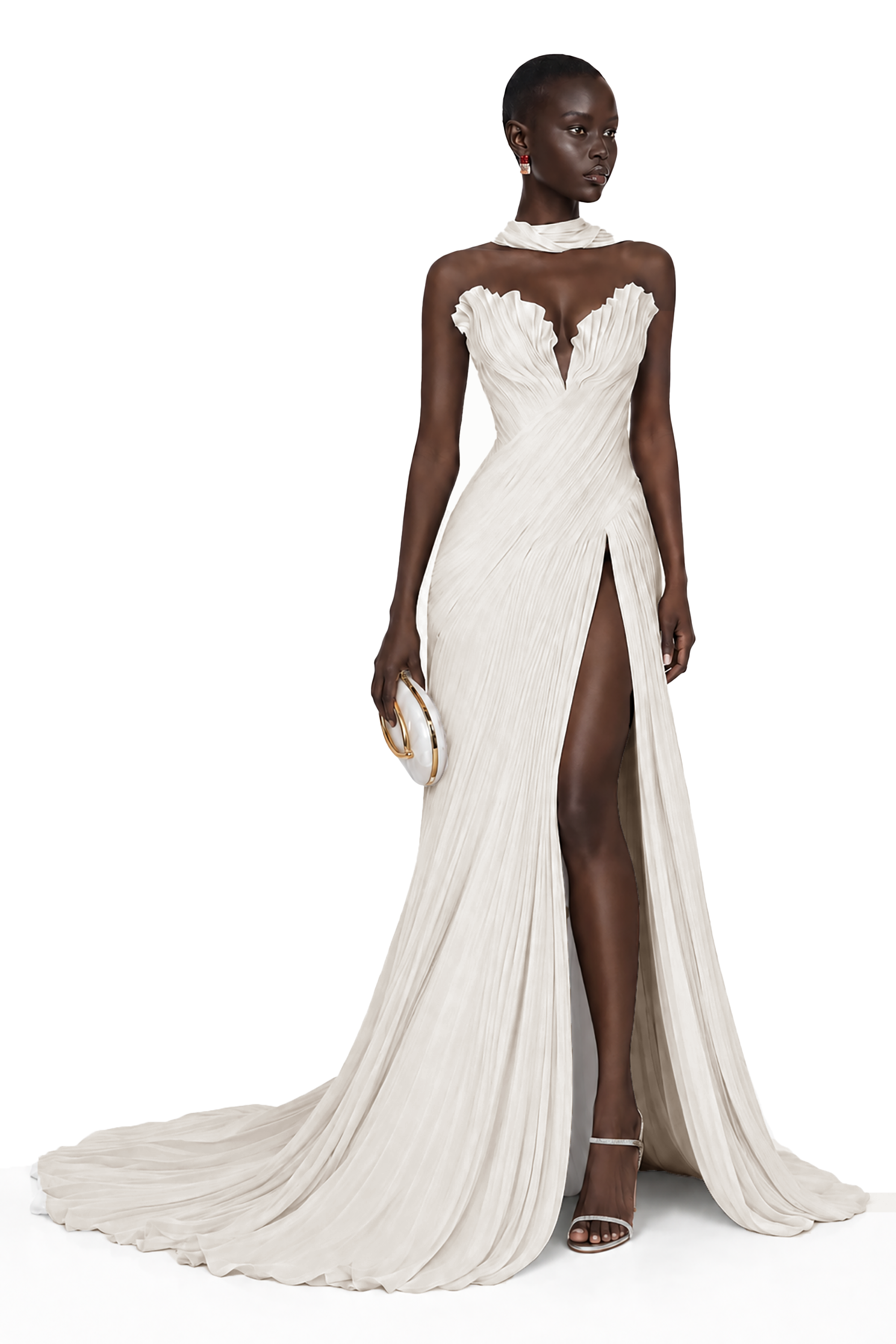 Cream strapless maxi dress with a pleated bodice and high-slit skirt