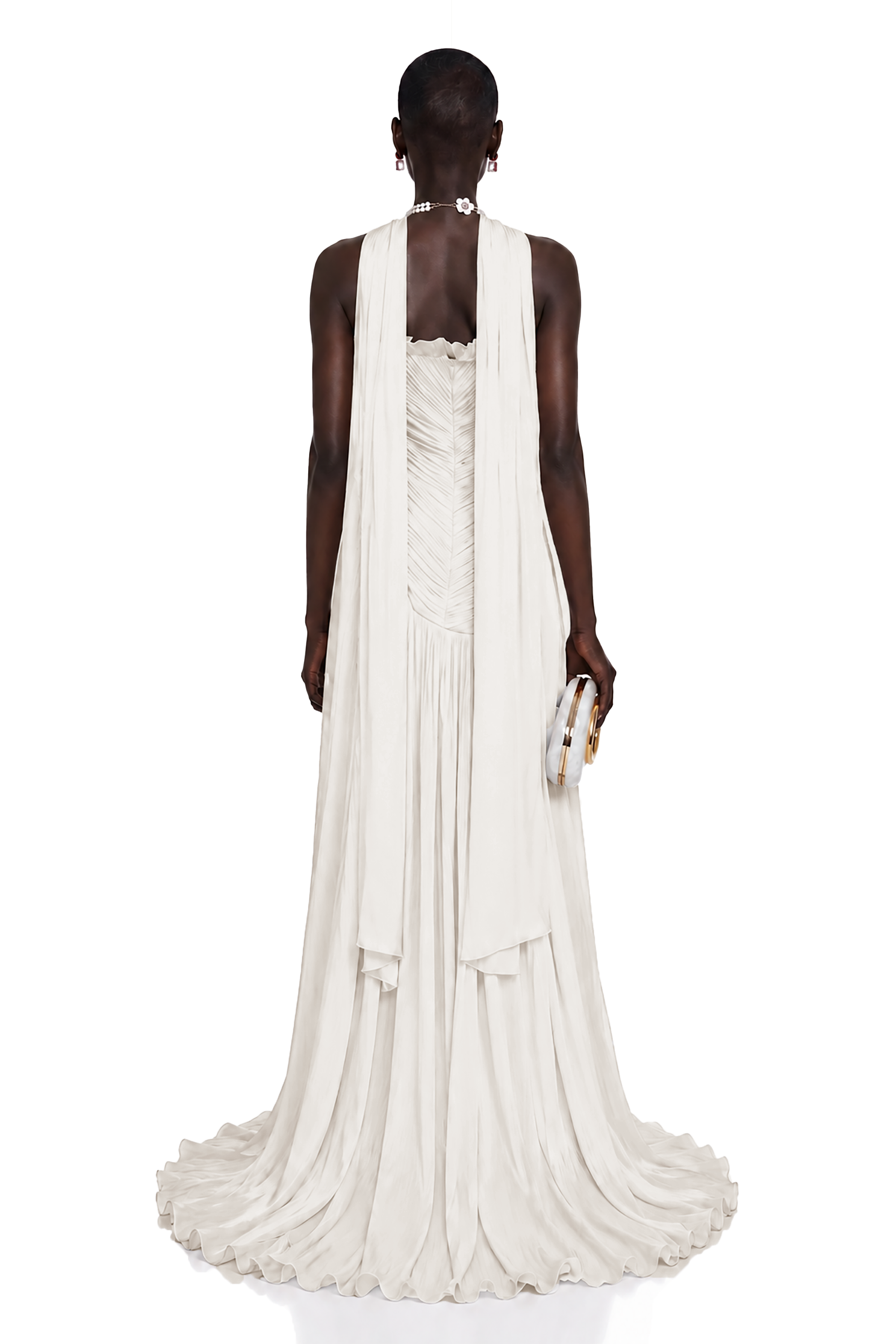 Cream strapless maxi dress with a pleated bodice and high-slit skirt