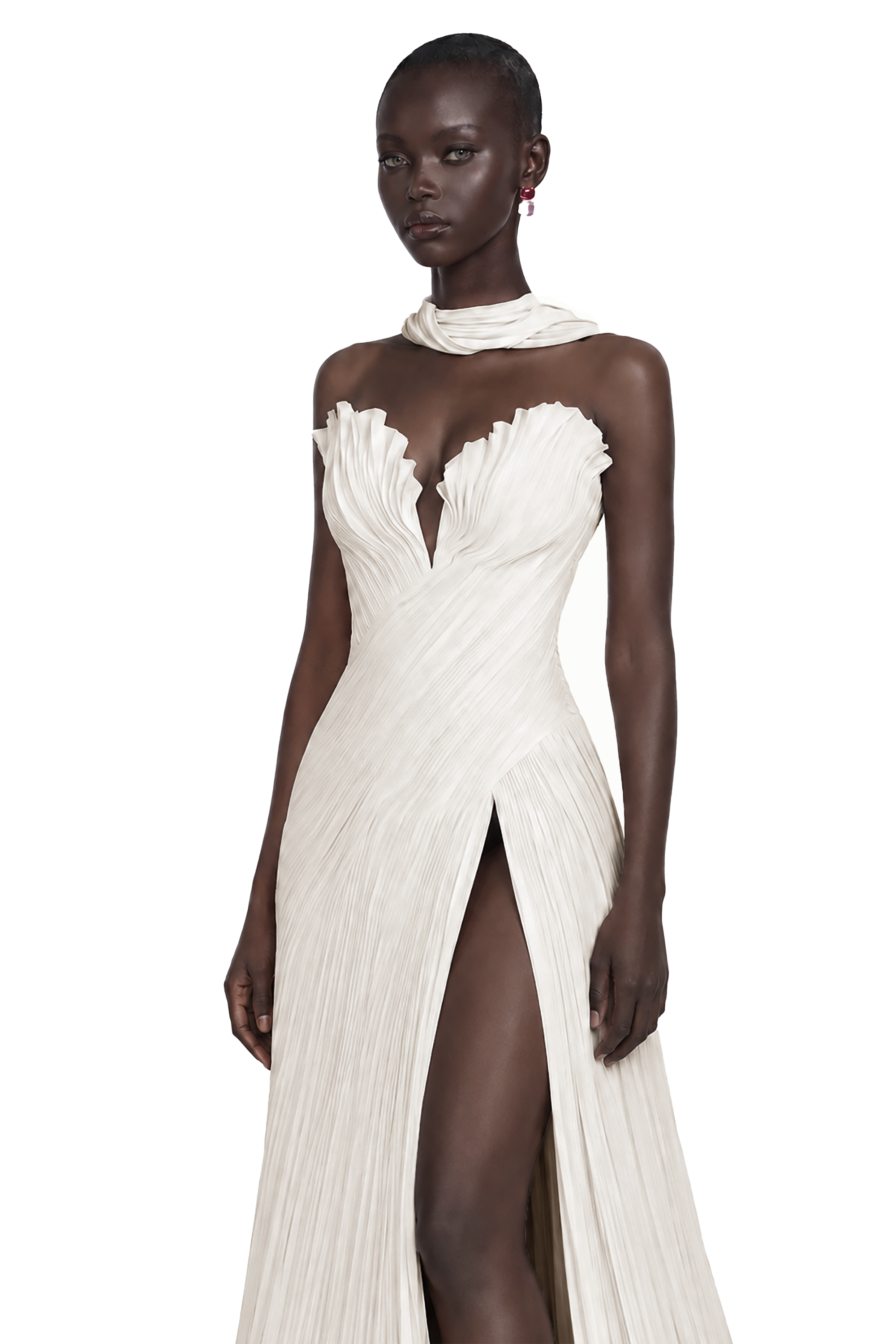 Cream strapless maxi dress with a pleated bodice and high-slit skirt