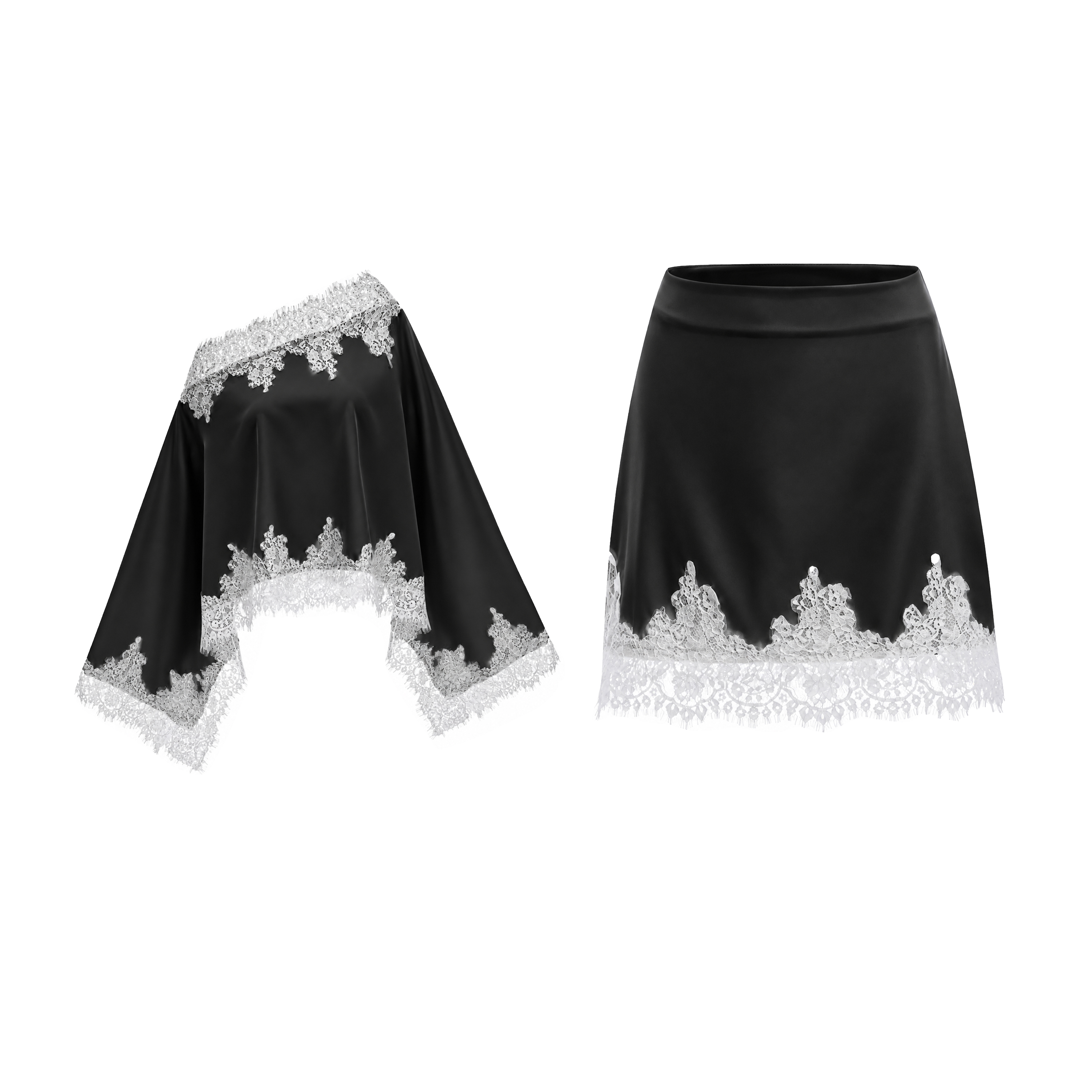 Sophia Black One Shoulder Top & Skirt Set with Lace Trim