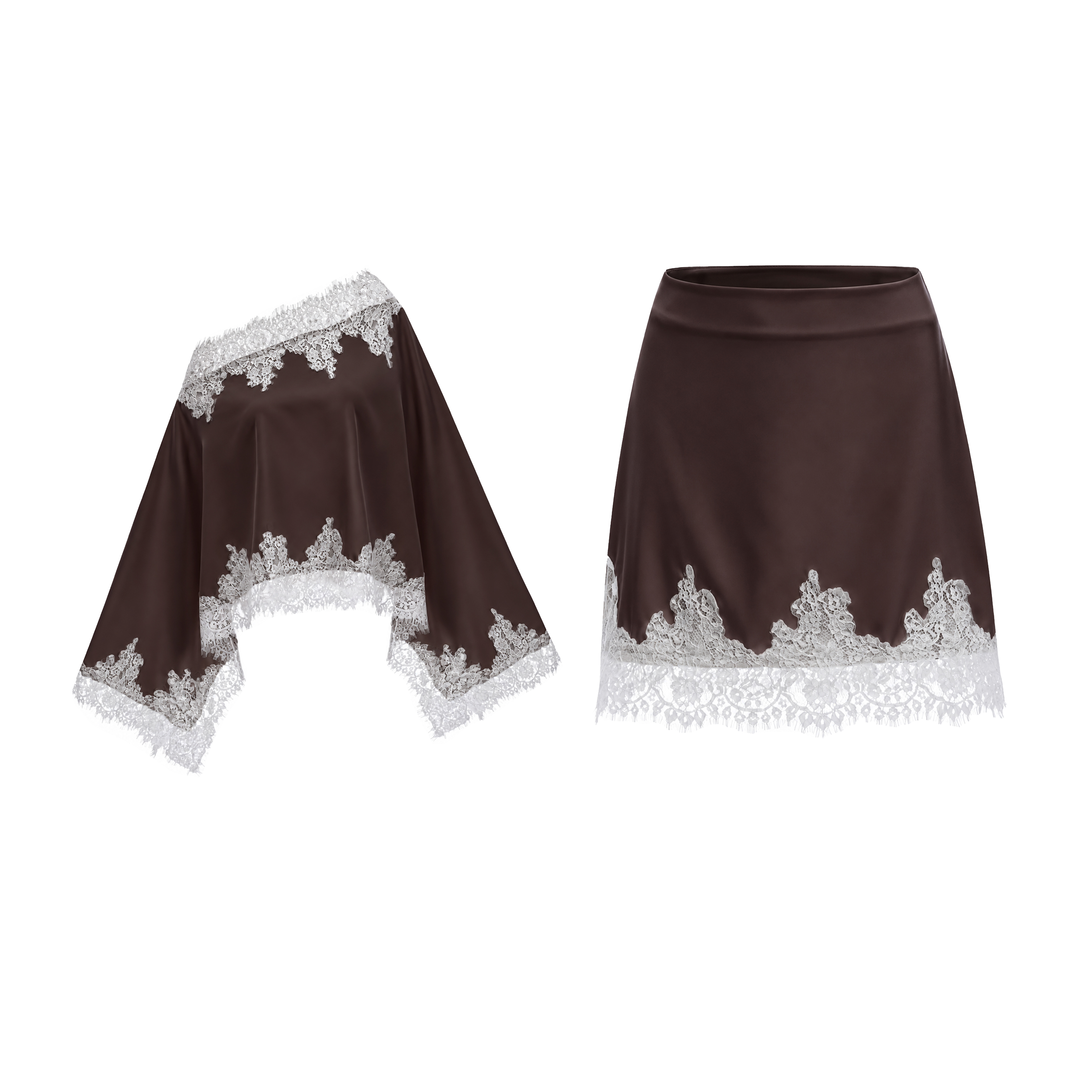 Sophia Brown One Shoulder Top & Skirt Set with Lace Trim