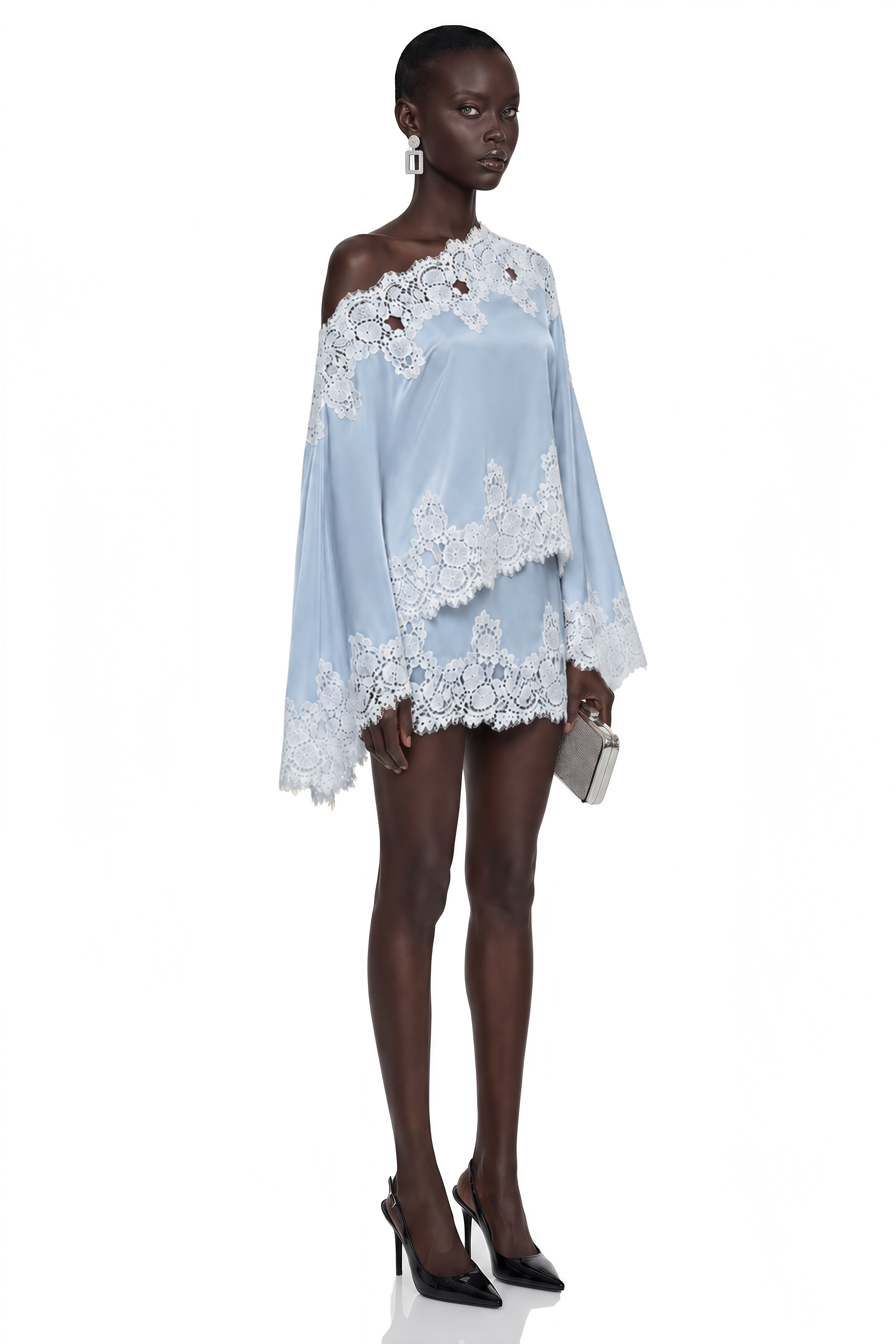 Light blue satin one-shoulder mini dress with white lace trim