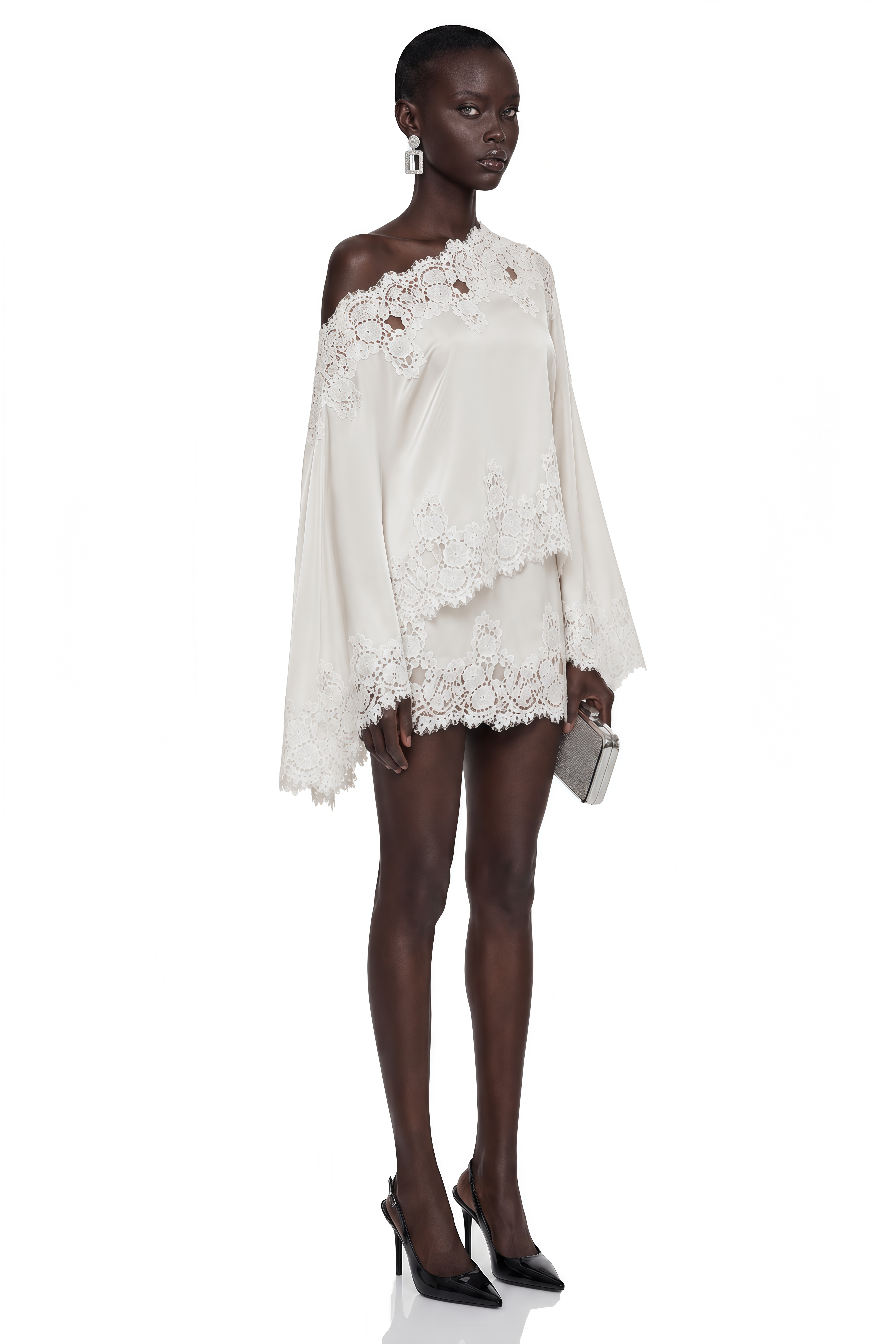 White satin off-the-shoulder mini dress featuring wide sleeves and intricate lace trim detailing