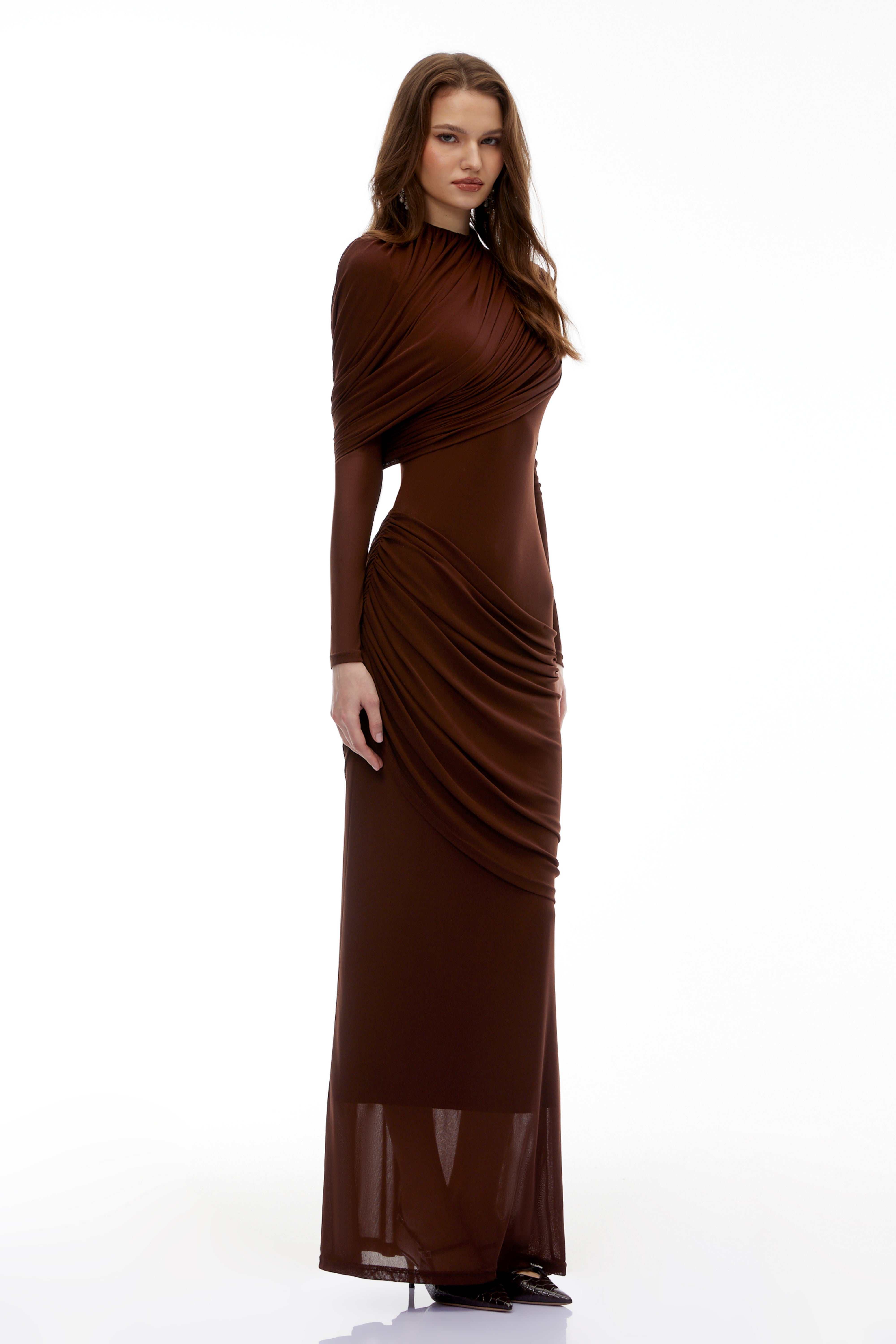 Sophia Chocolate Brown Draped Jersey Maxi Dress – Miss Rosier