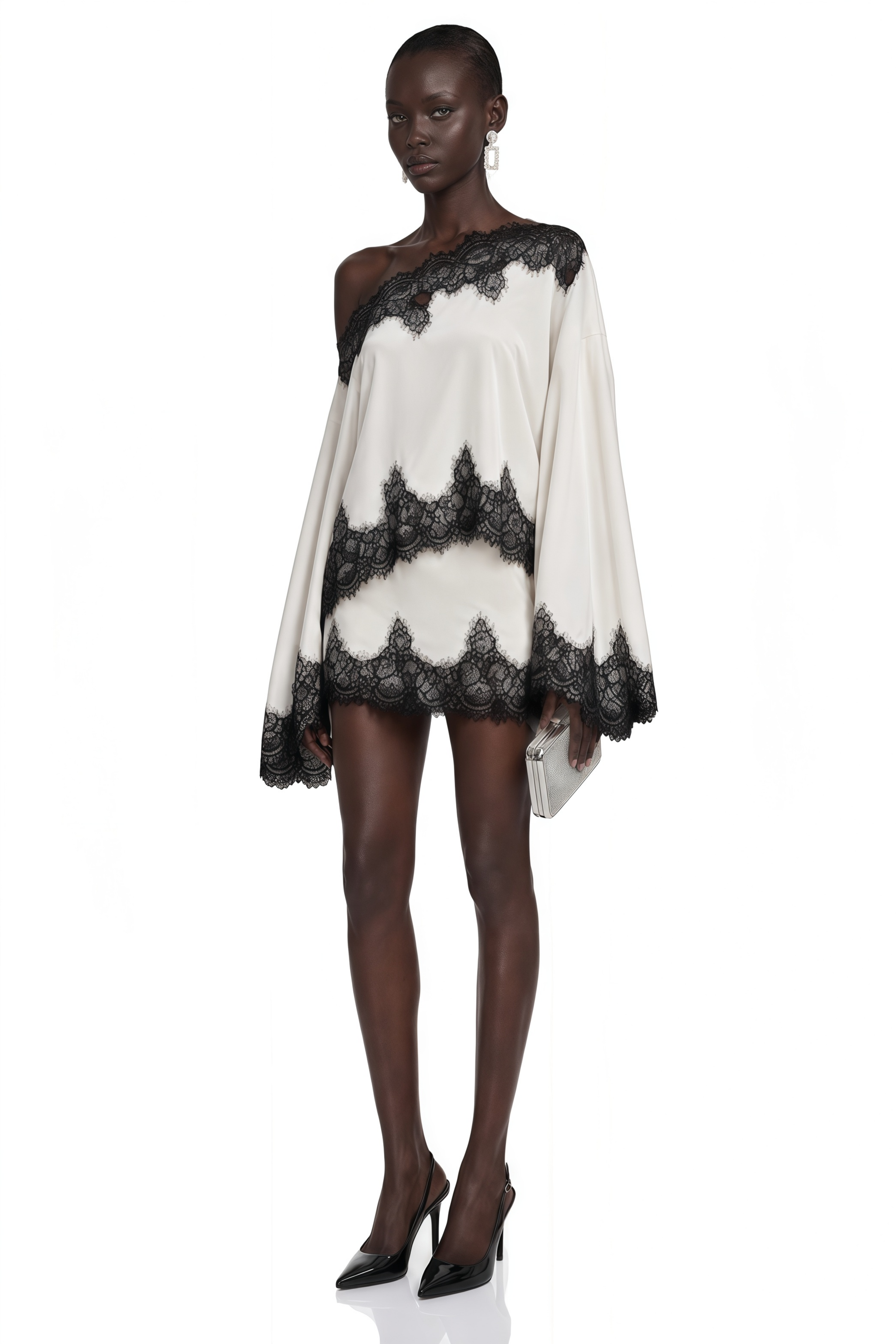 Off-white satin draped mini dress with black lace trim
