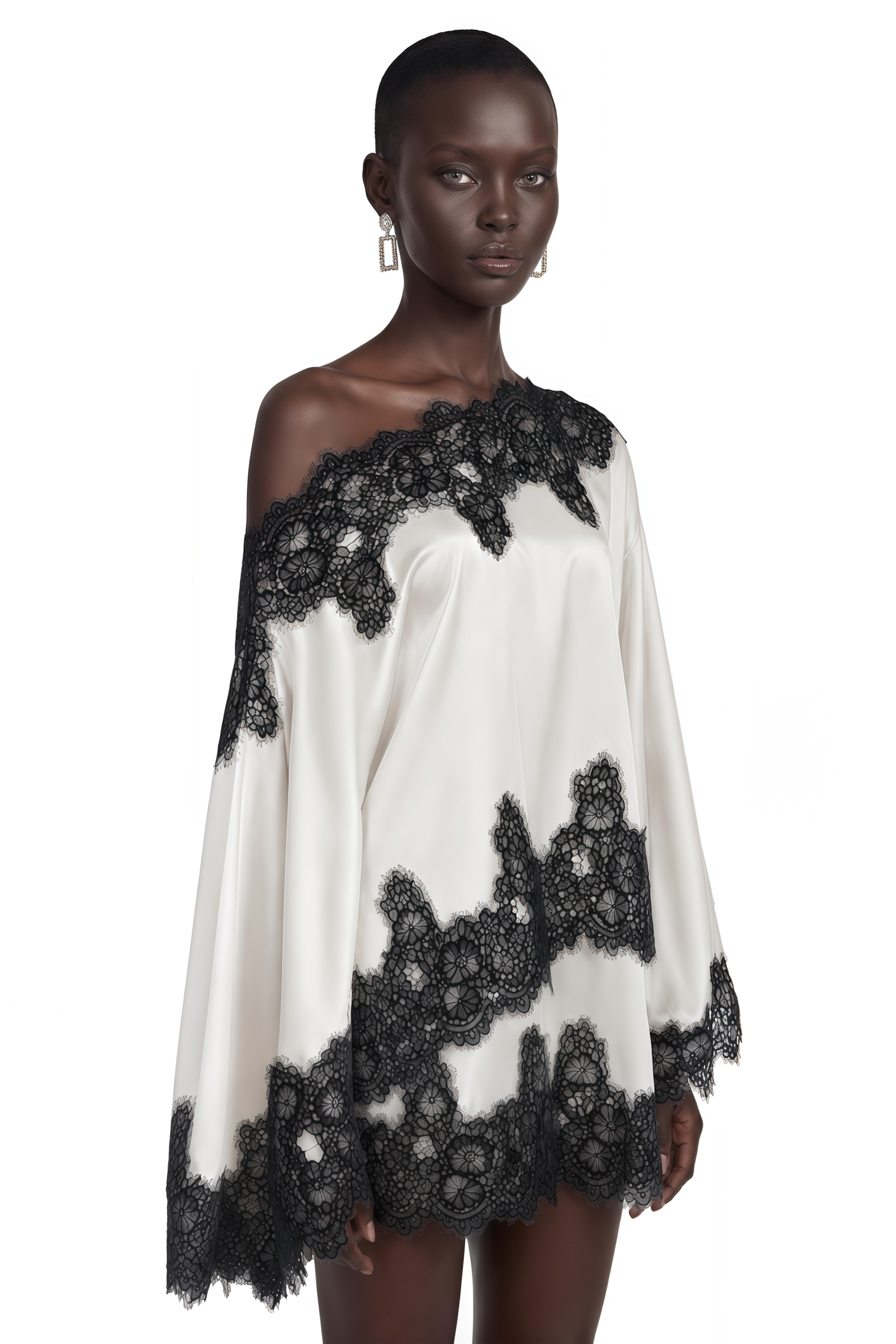 Off-white satin draped mini dress with black lace trim