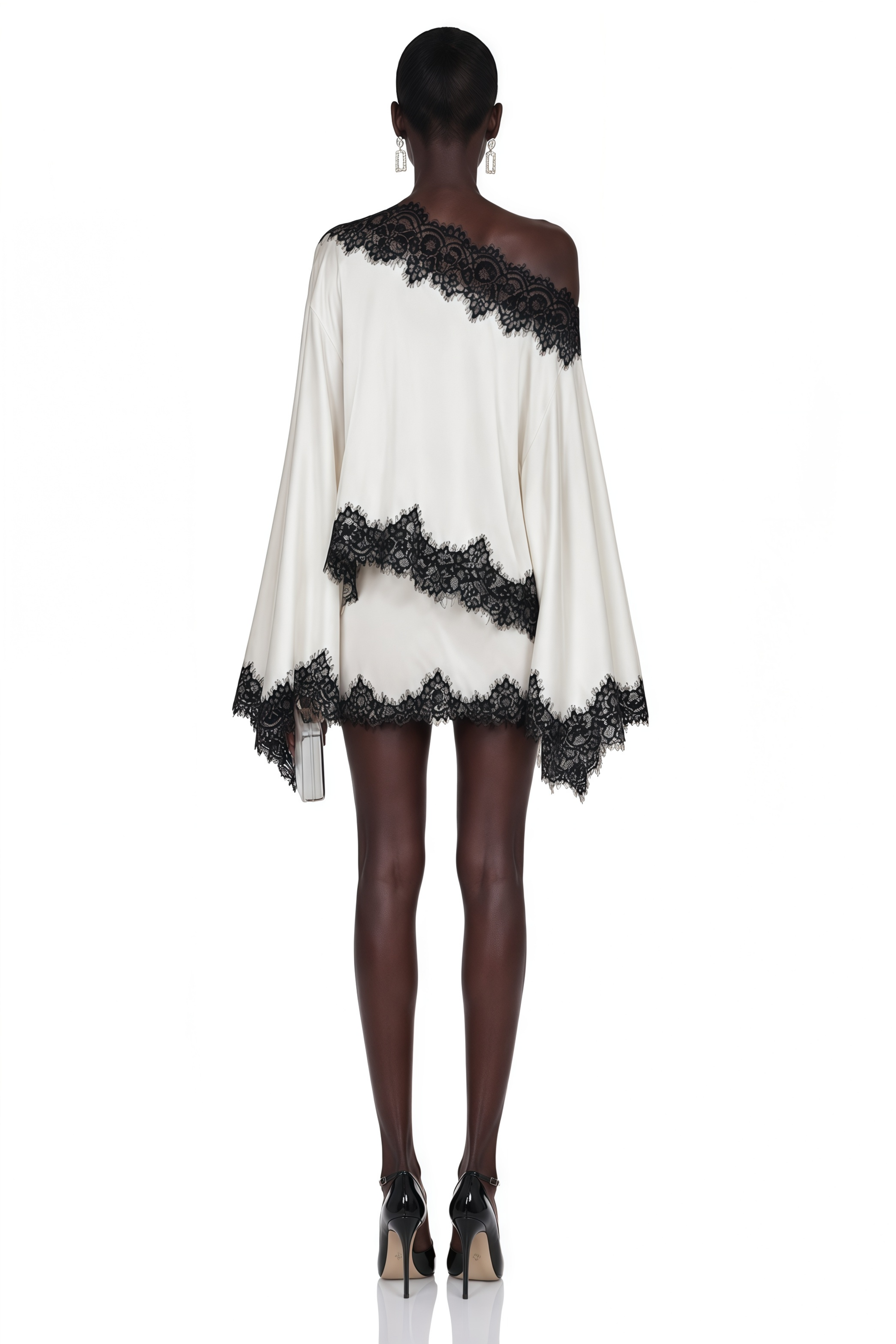 Off-white satin draped mini dress with black lace trim