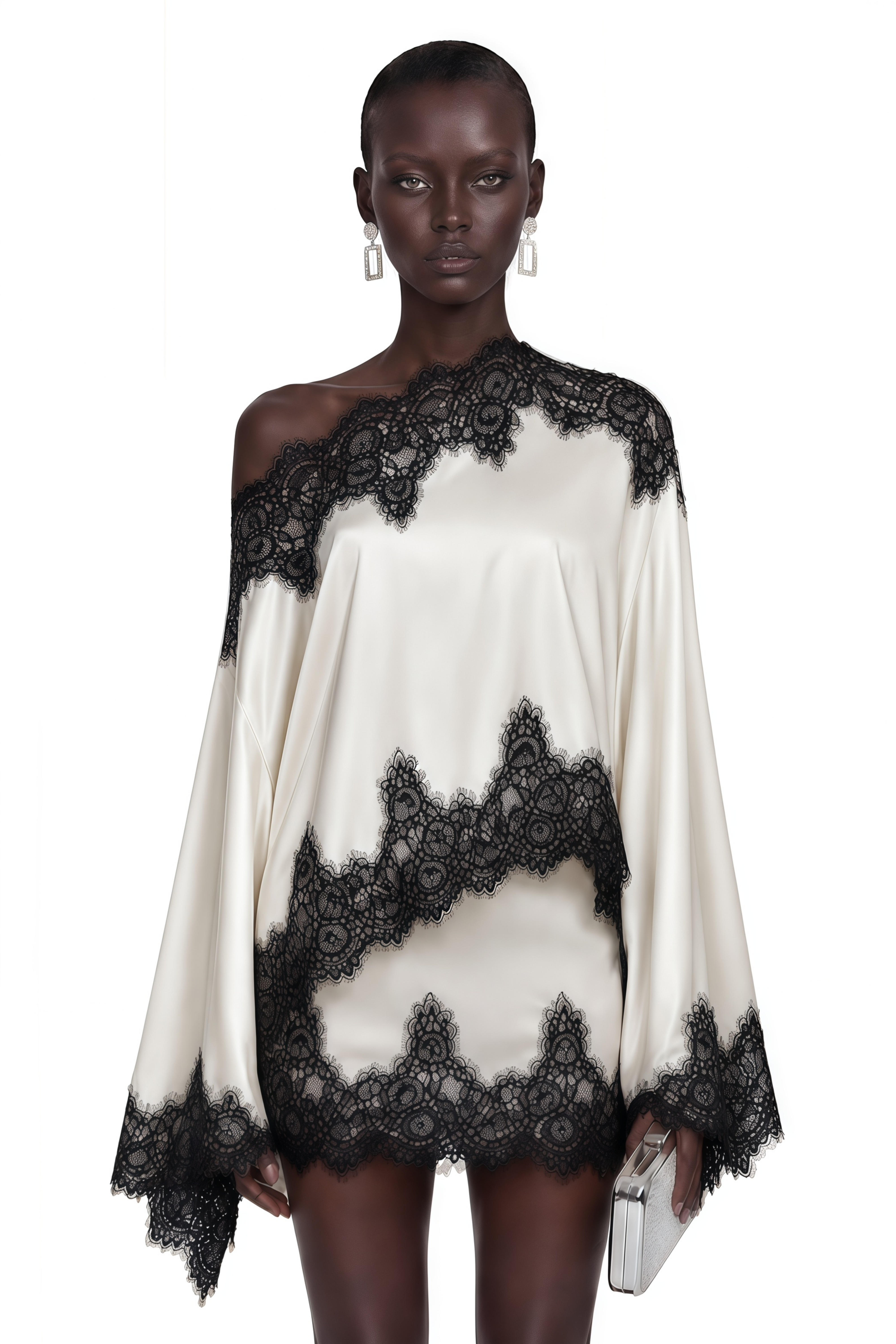 Off-white satin draped mini dress with black lace trim
