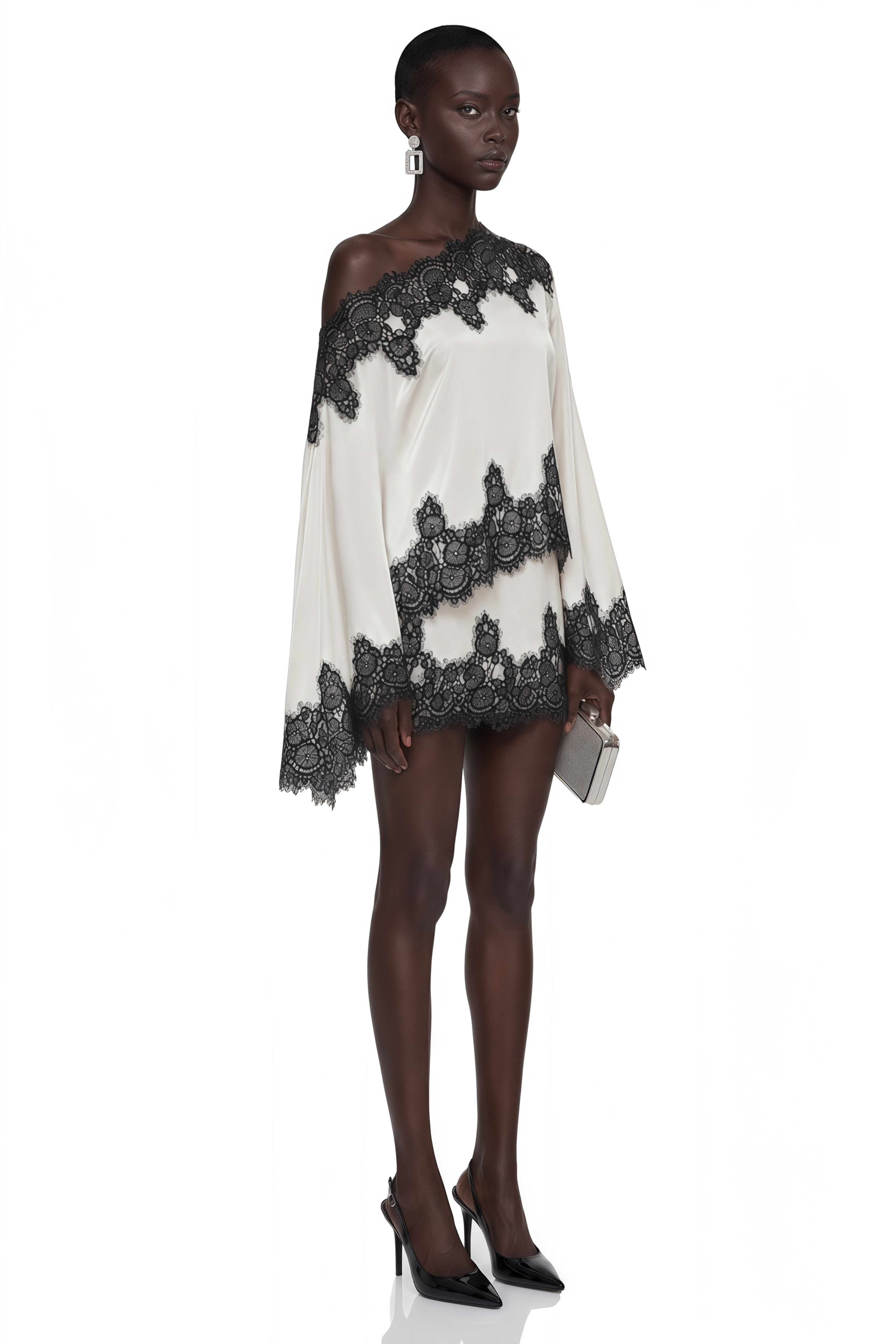 Off-white satin draped mini dress with black lace trim