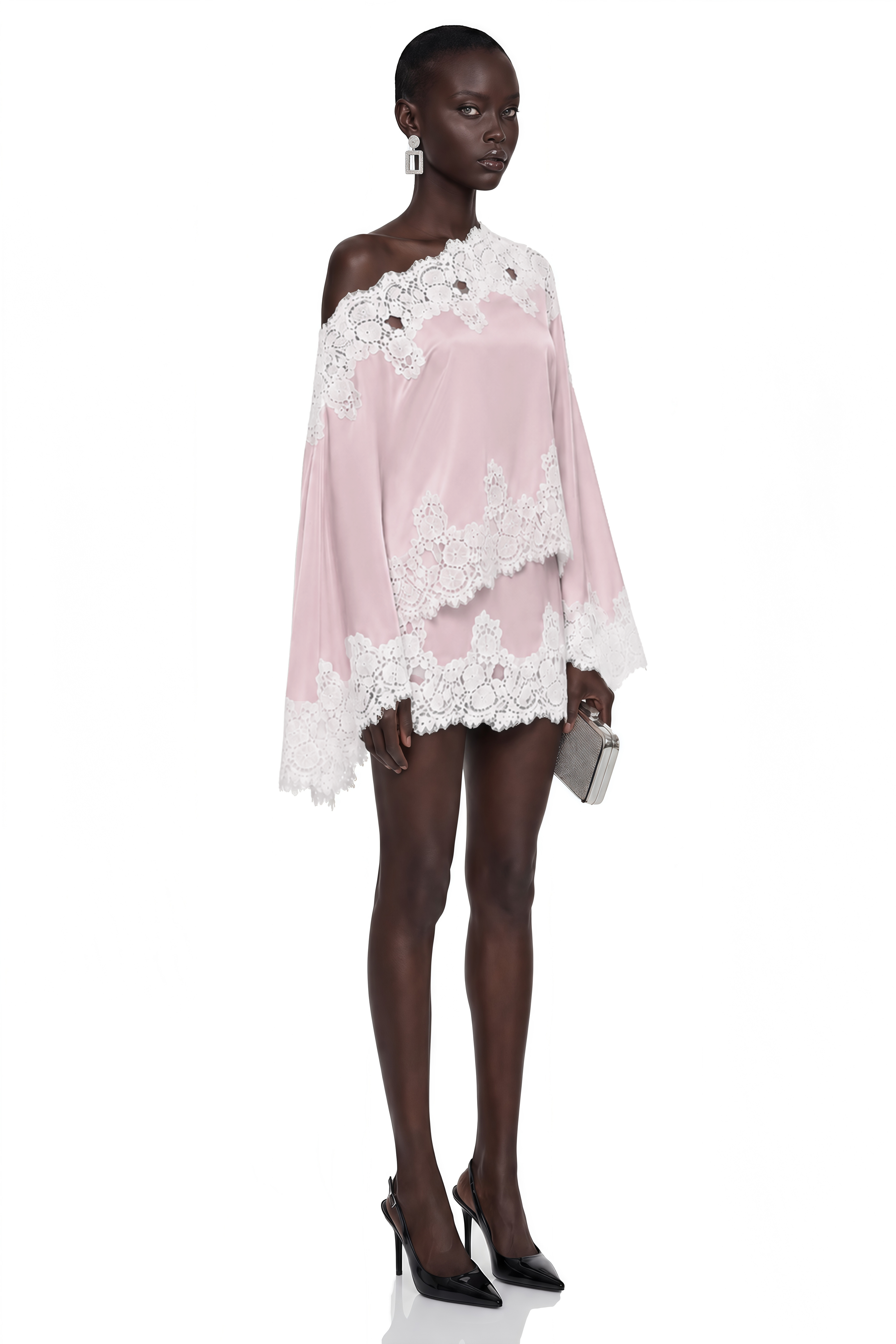 Sophia Pink One Shoulder Top & Skirt Set with Lace Trim