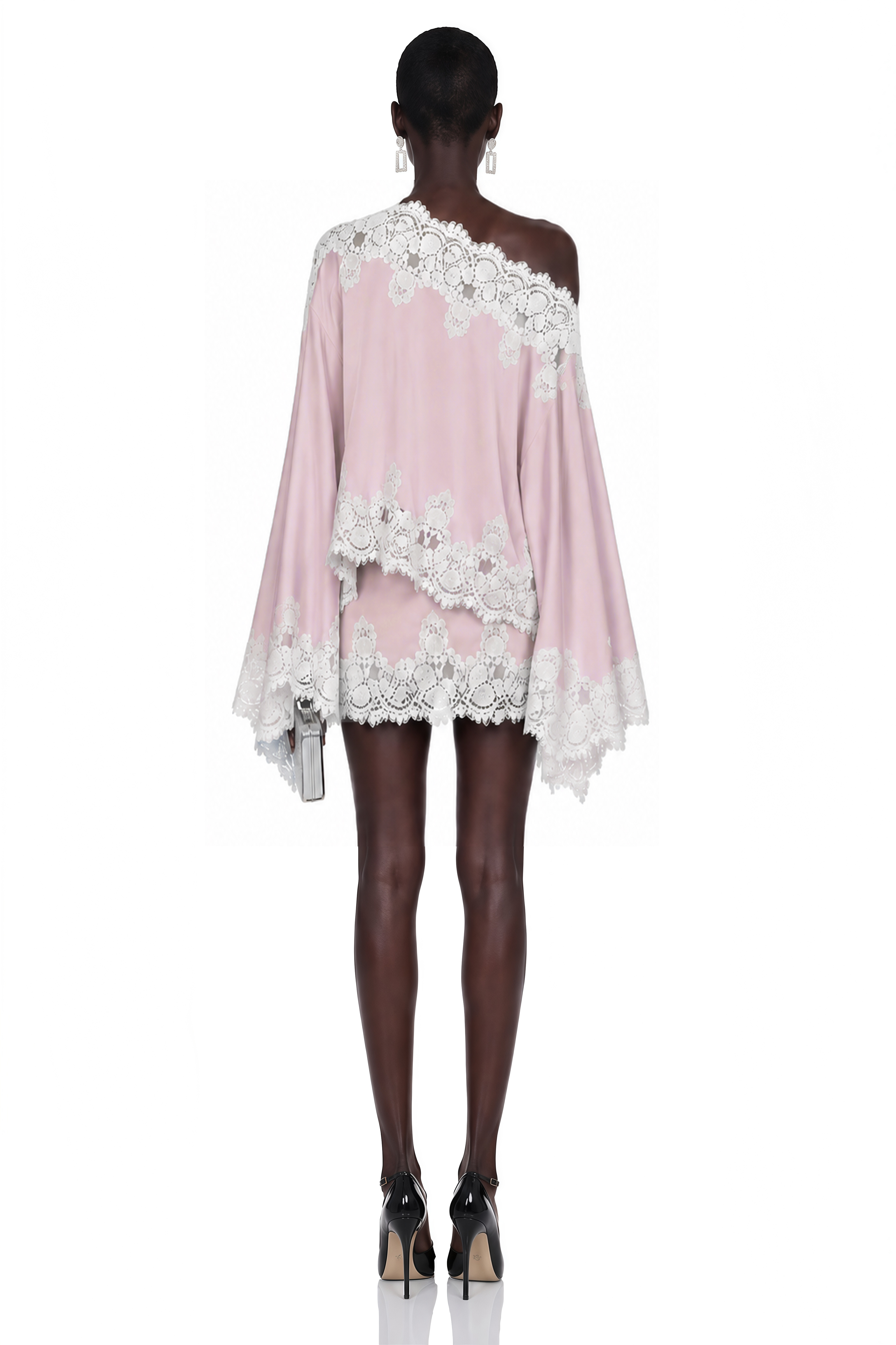 Sophia Pink One Shoulder Top & Skirt Set with Lace Trim