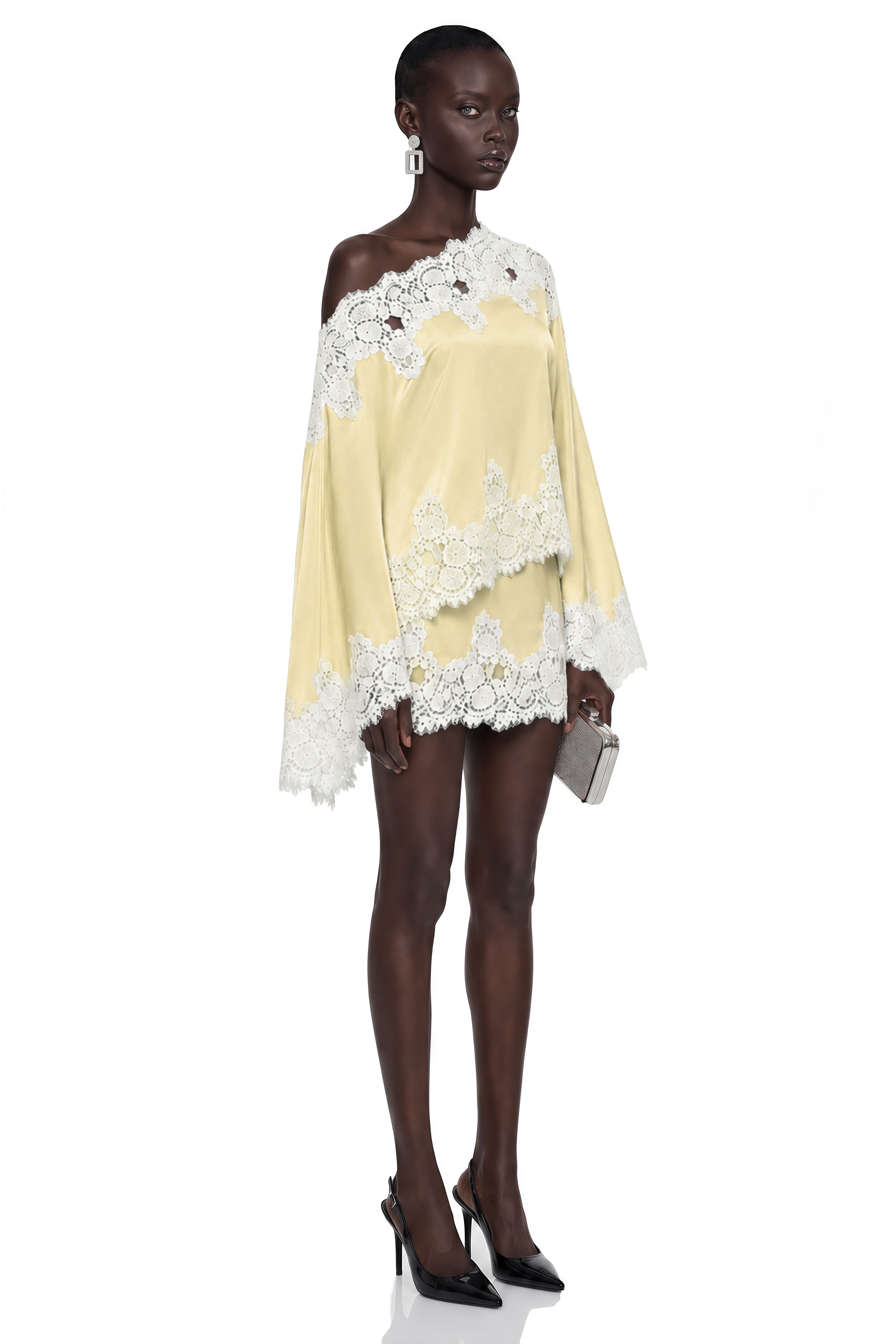 Pale yellow satin one-shoulder mini dress with white lace panels