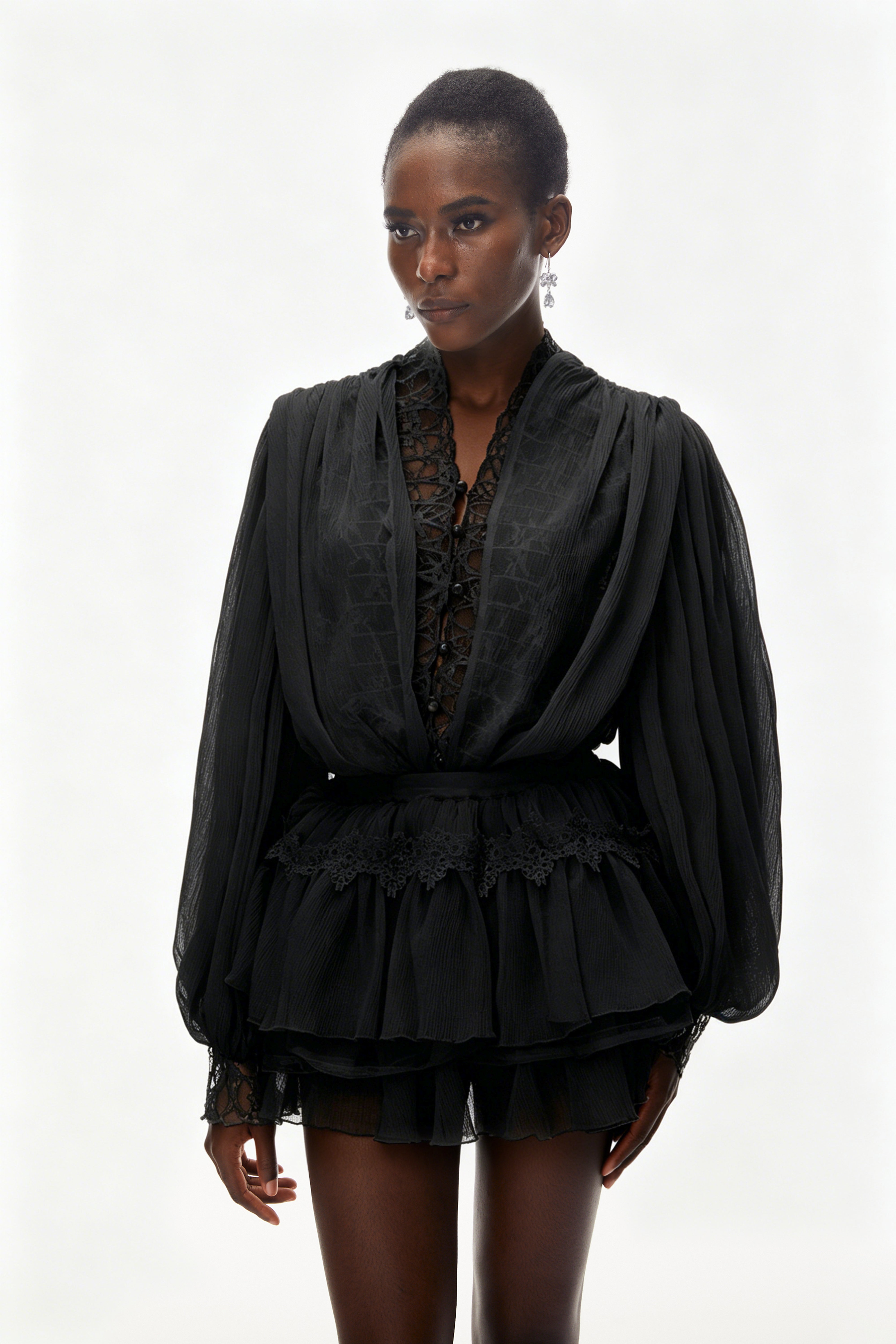 Black Sheer Lace Lantern Sleeve Layered Mini Dress