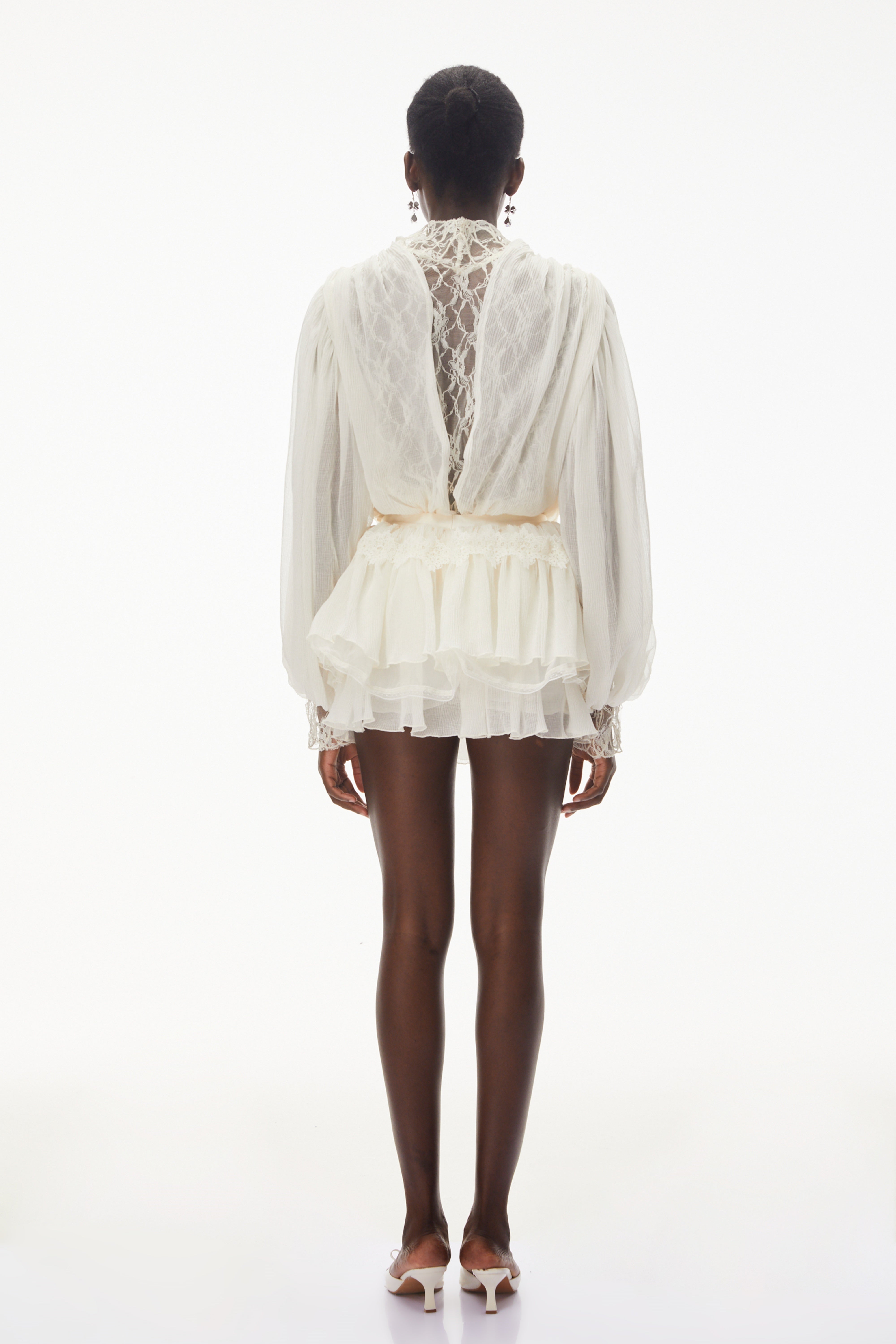 White Lace Pleated Mini Dress with Lantern Sleeves and Ruffles