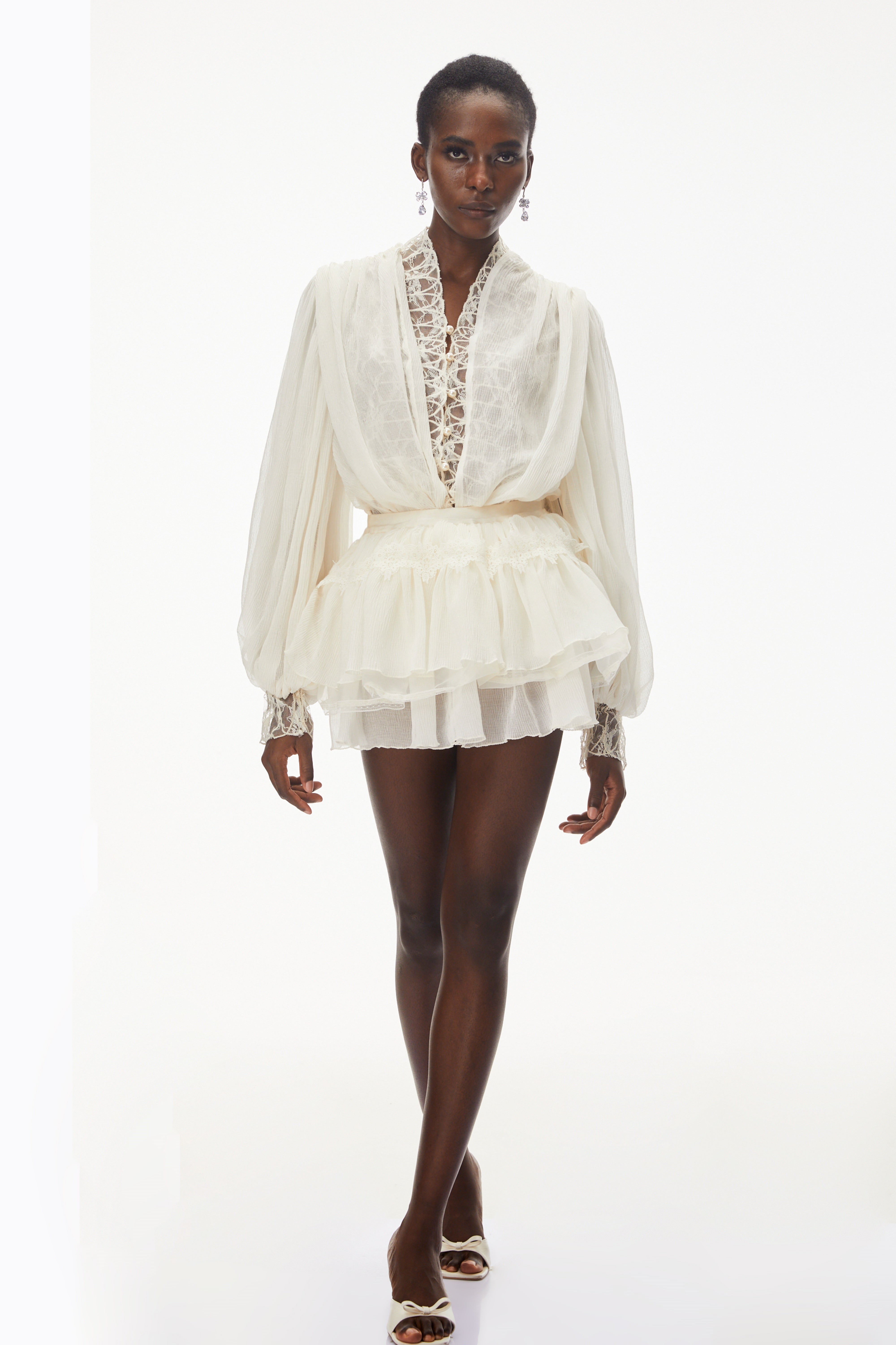 White Lace Pleated Mini Dress with Lantern Sleeves and Ruffles