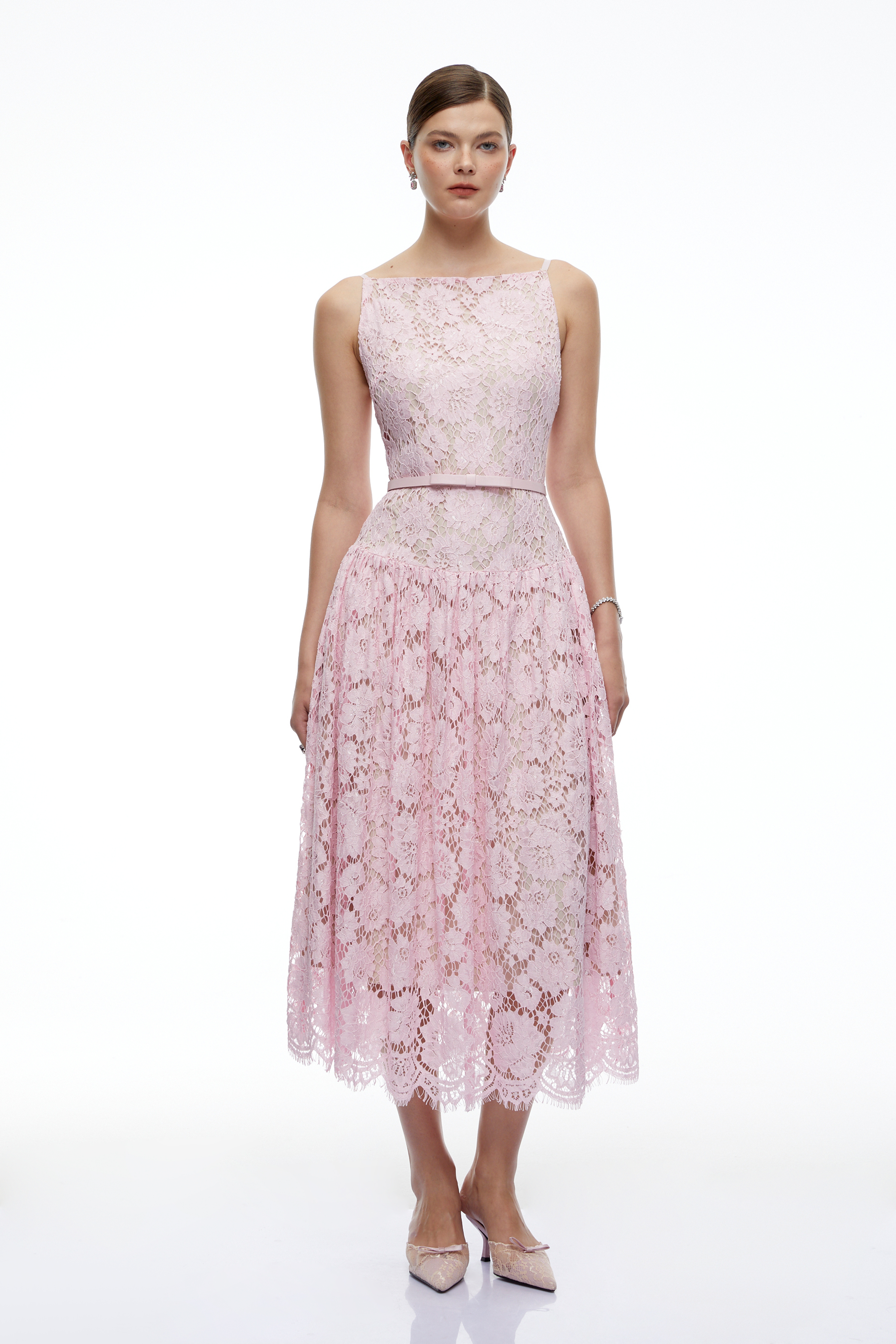 Sophronelle Pink Lace Sleeveless Midi Dress