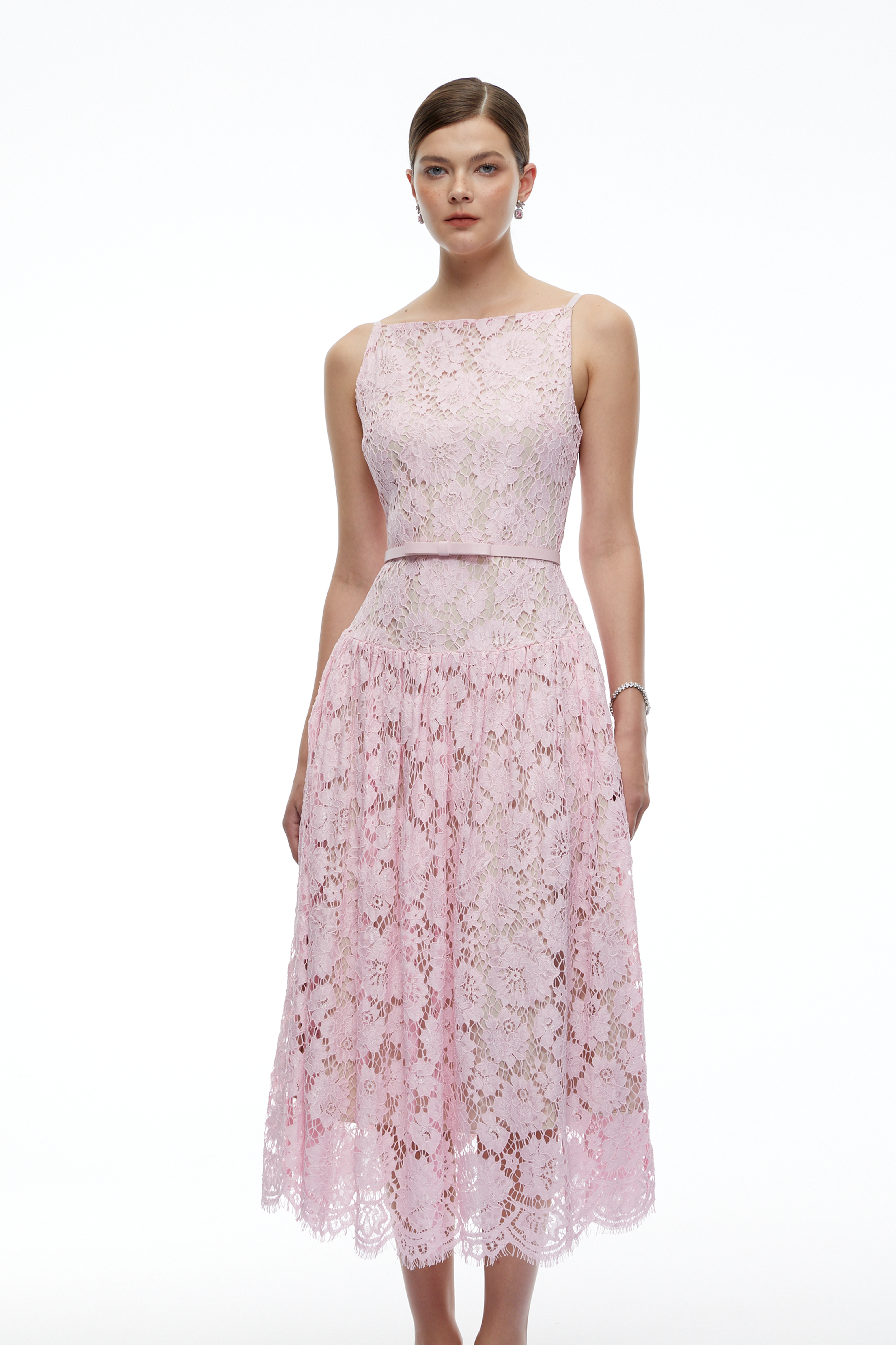 Sophronelle Pink Lace Sleeveless Midi Dress