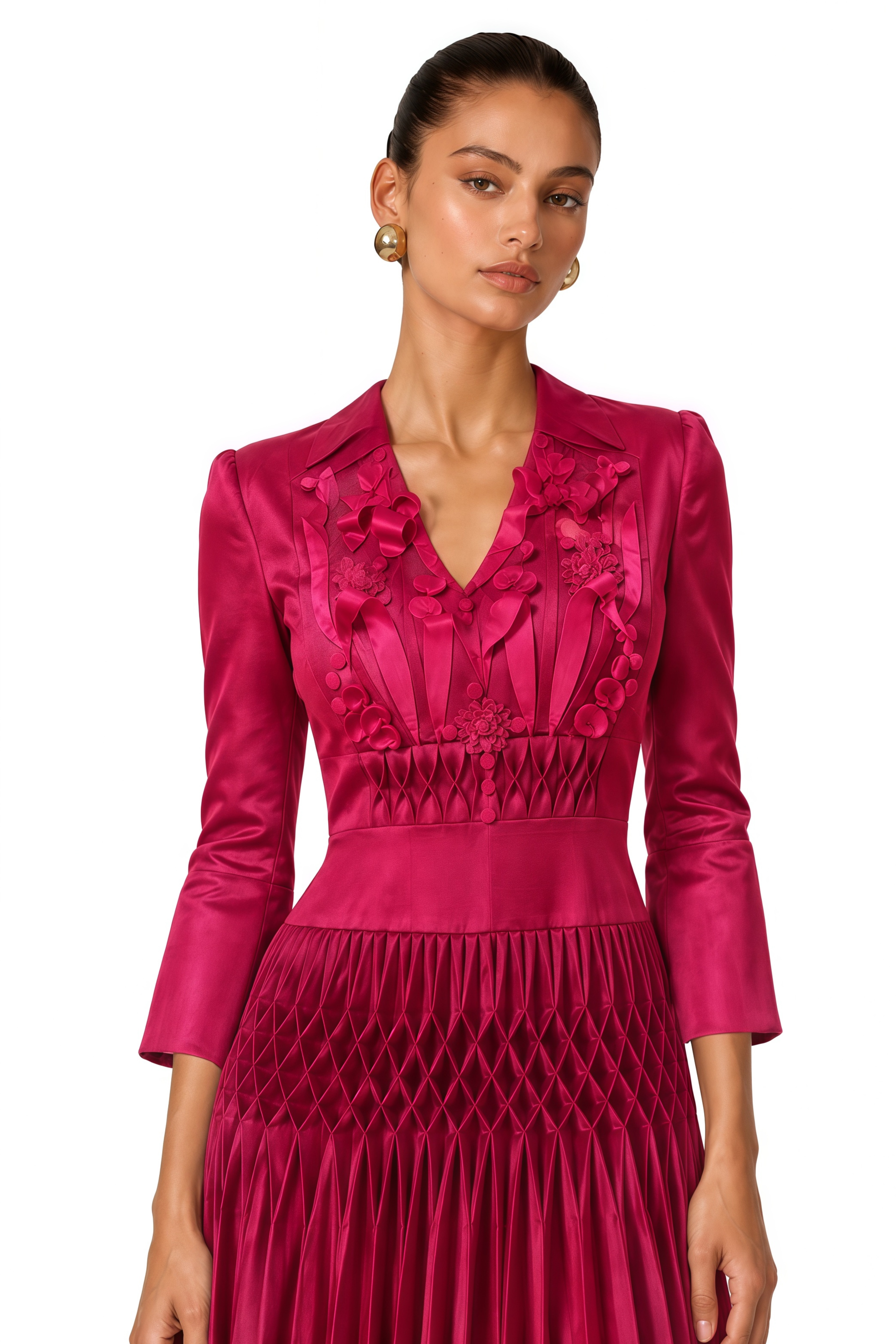 Soraya Fuchsia Floral Applique Pleated Midi Dress