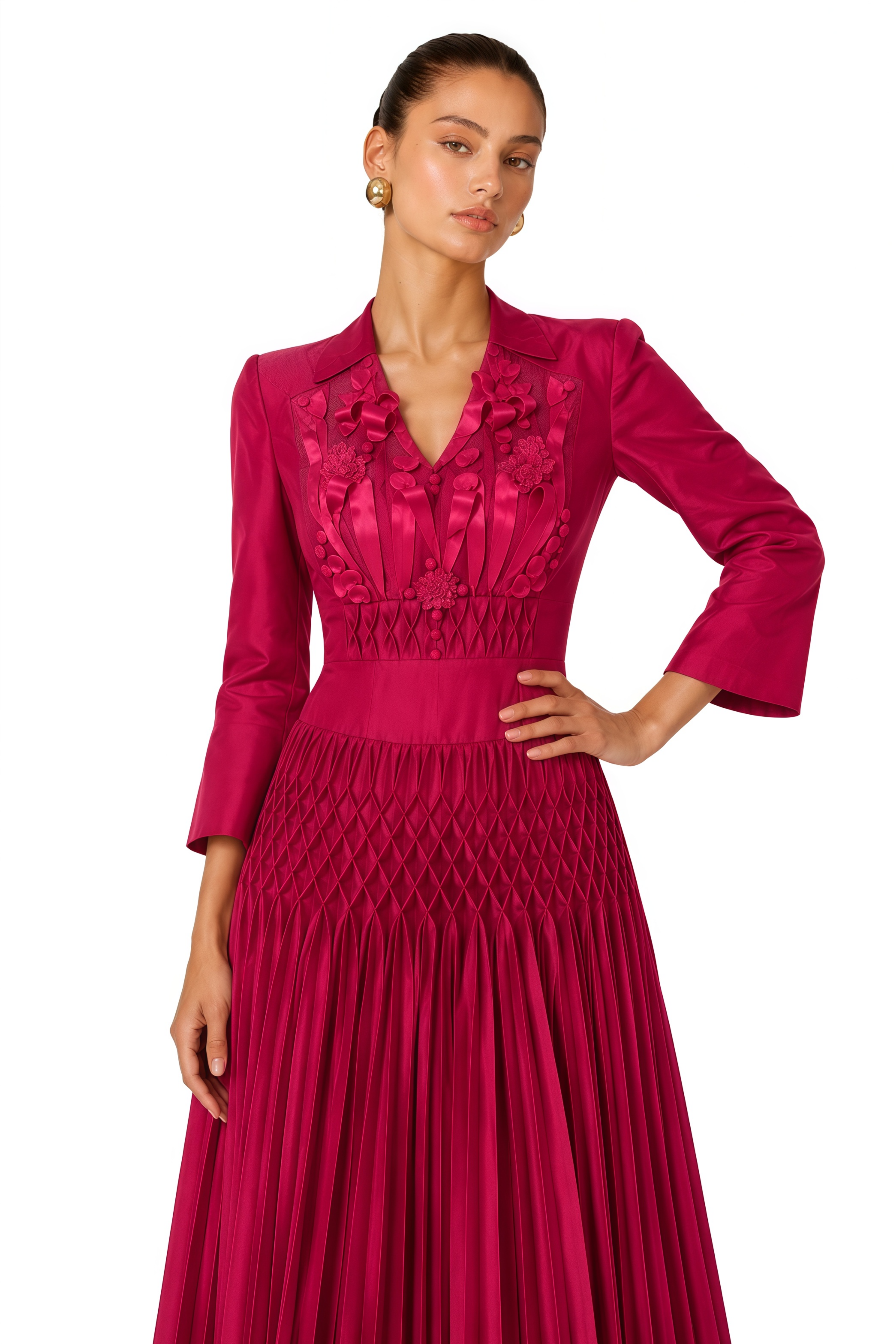 Soraya Fuchsia Floral Applique Pleated Midi Dress