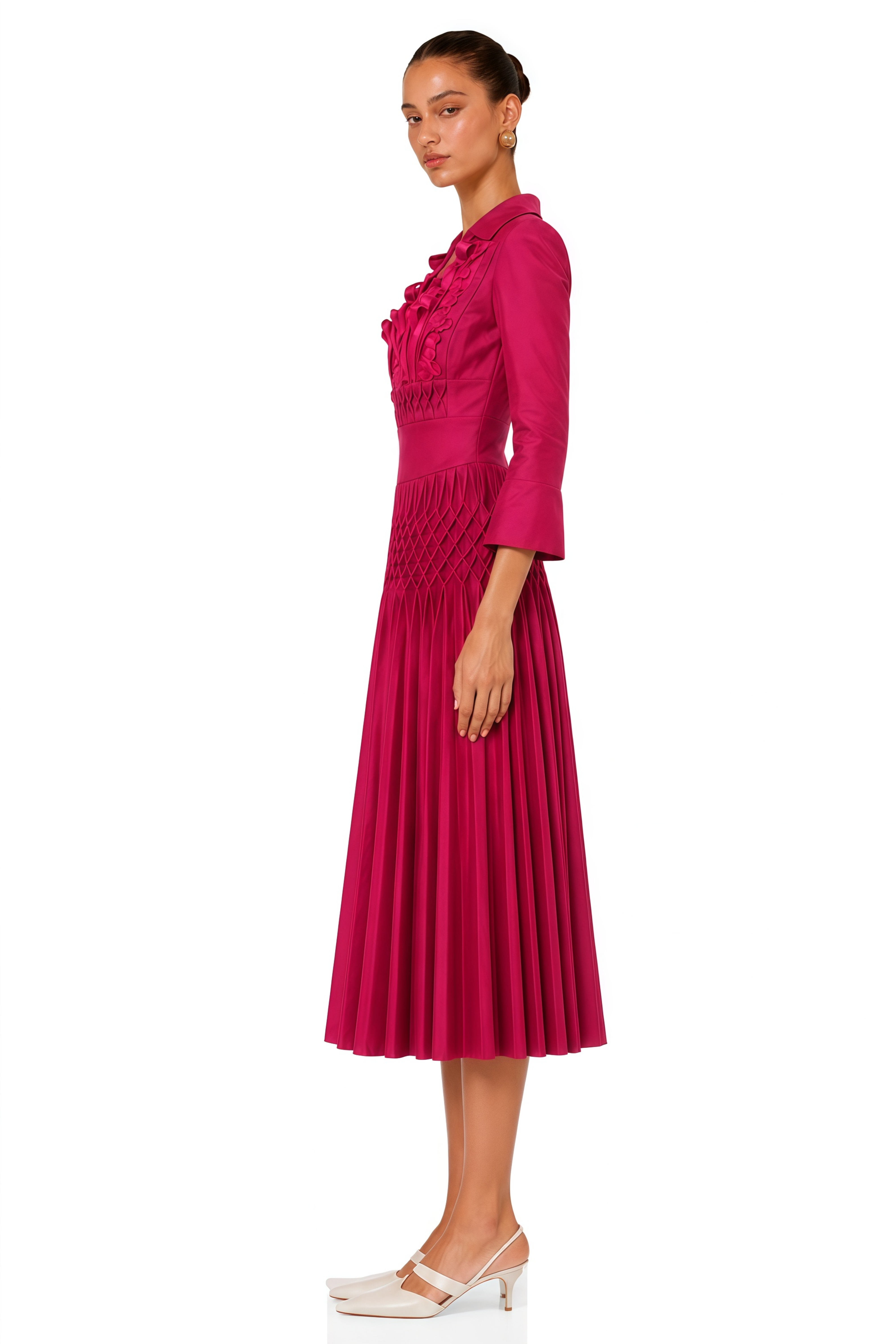 Soraya Fuchsia Floral Applique Pleated Midi Dress