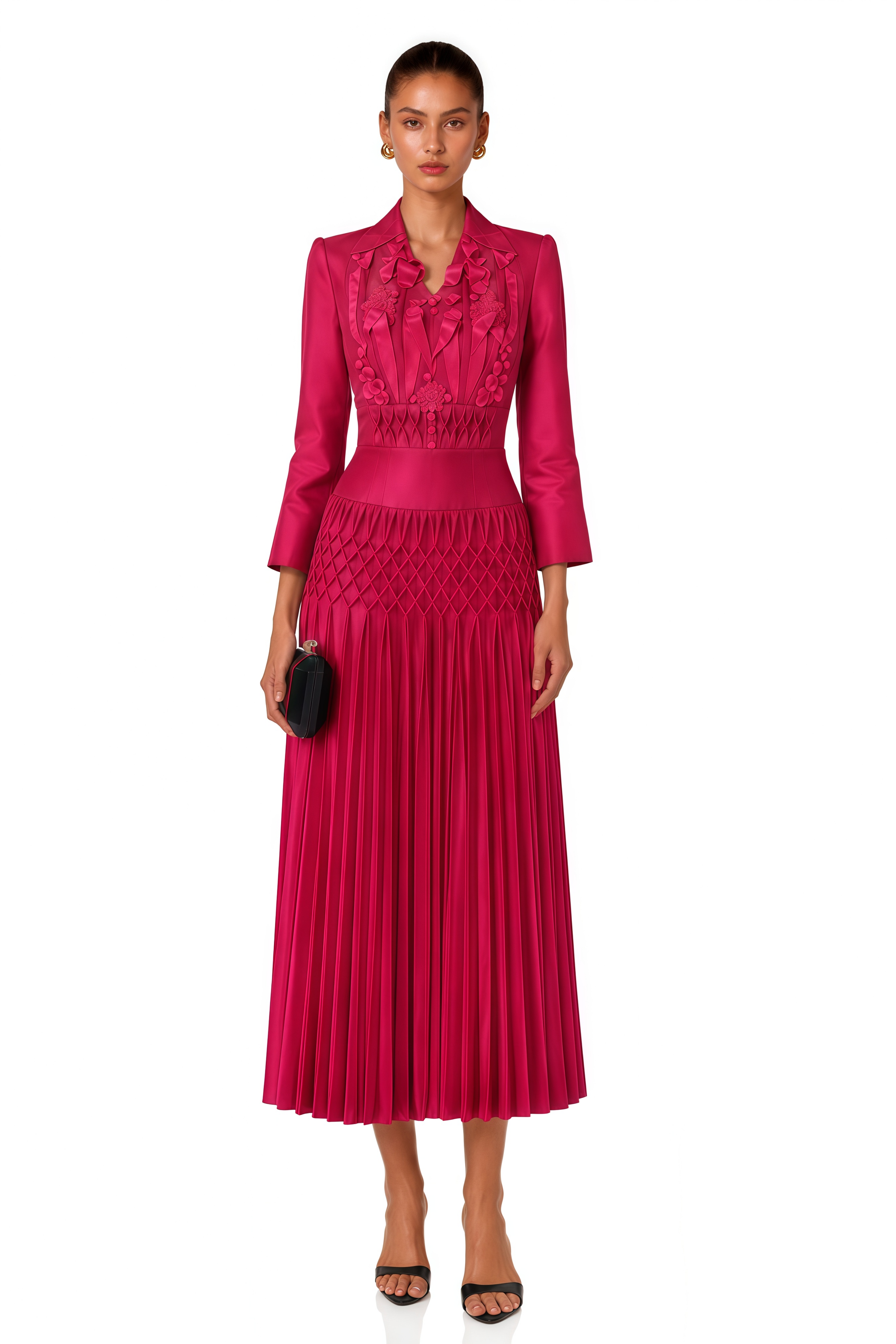 Soraya Fuchsia Floral Applique Pleated Midi Dress
