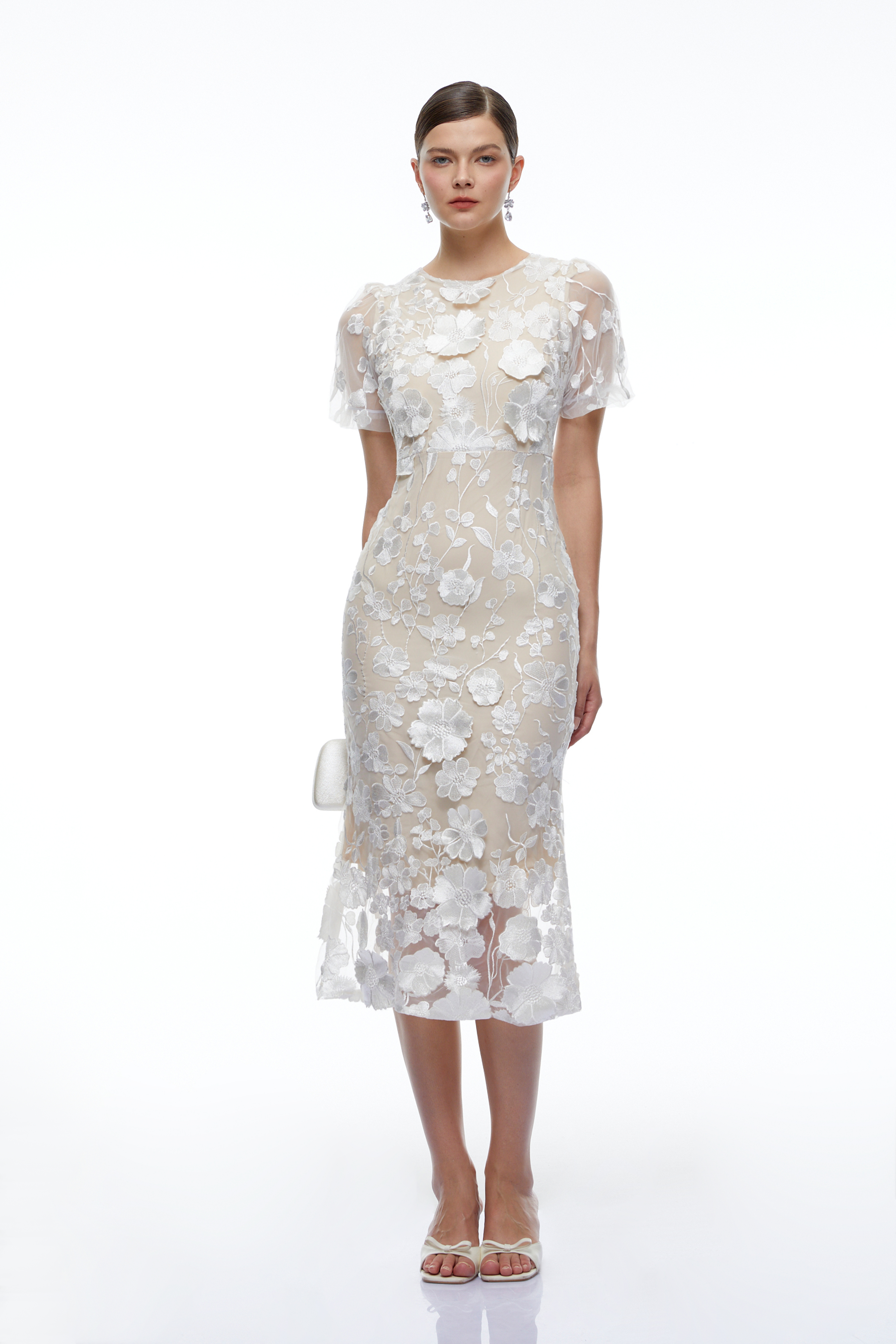 Soraya Neutral 3D Floral Lace Short Sleeve Midi Dress